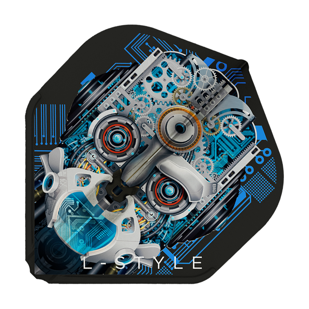 Das Bild zeigt das Produkt "L-Style Berry Van Peer V3 Black L1EZ Flights". Auf dem Flight ist ein grafisches, technisches Robotergesicht mit Zahnrädern und blauen Schaltkreisen abgebildet.