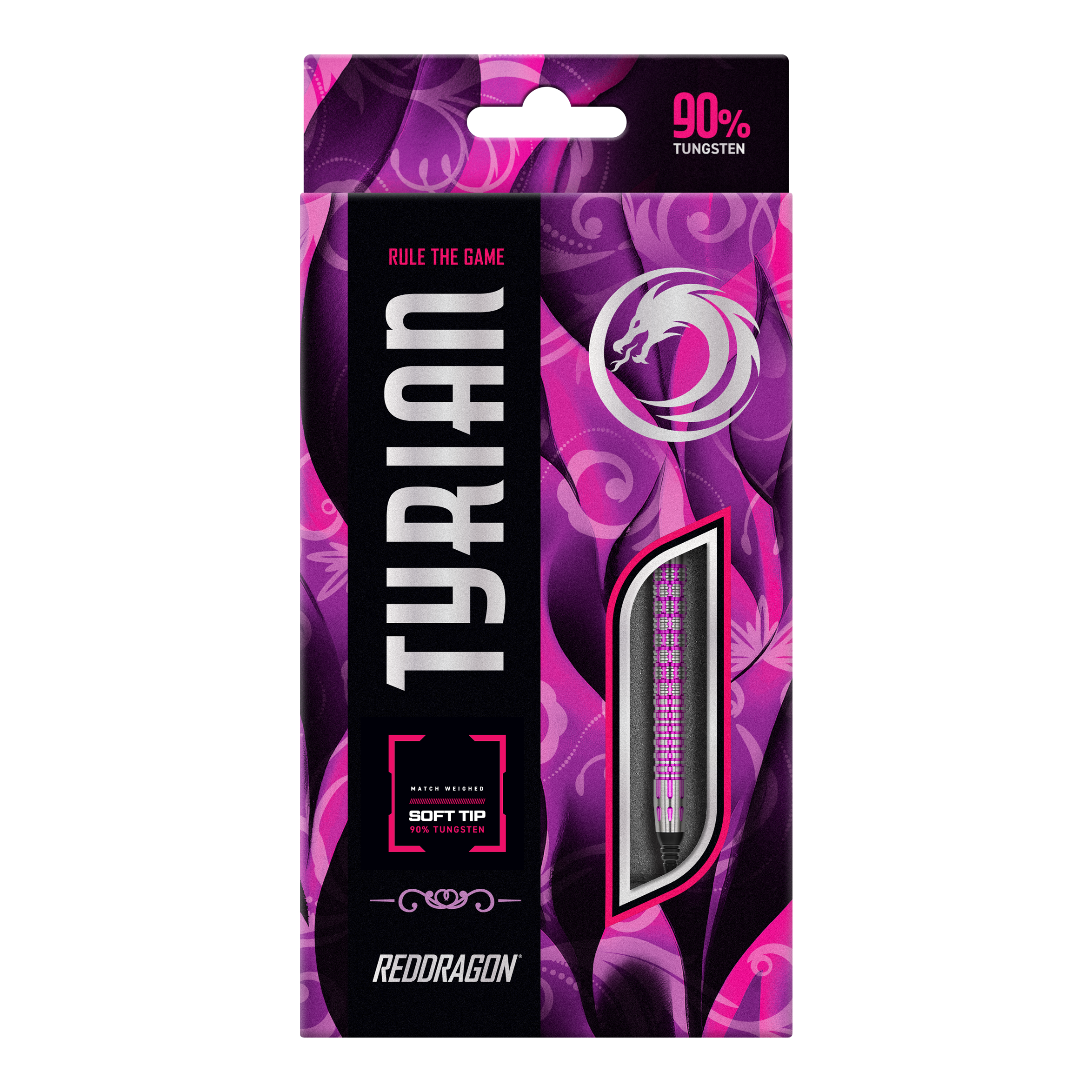 Miękkie lotki Red Dragon Tyrian - 22g Die Abbildung zeigt die Verpackung der "Red Dragon Tyrian Softdarts - 22g". Die Schachtel ist lila und pink gestaltet und hebt hervor, dass die Darts zu 90 % aus Wolfram bestehen.