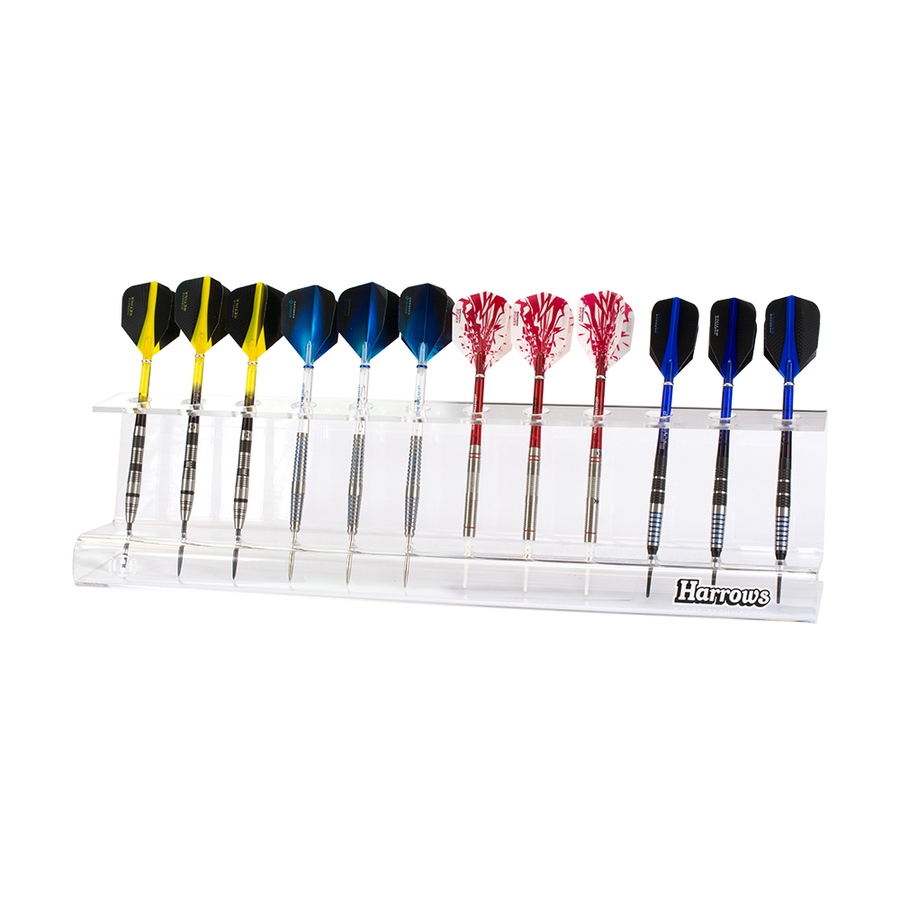 Harrows_Darts_Display_Dartst-nder_12er Das Bild zeigt den Harrows Darts Display Dartständer mit mehreren verschiedenen Dartpfeilen. Der transparente Ständer präsentiert die Darts ordentlich in einer Reihe.