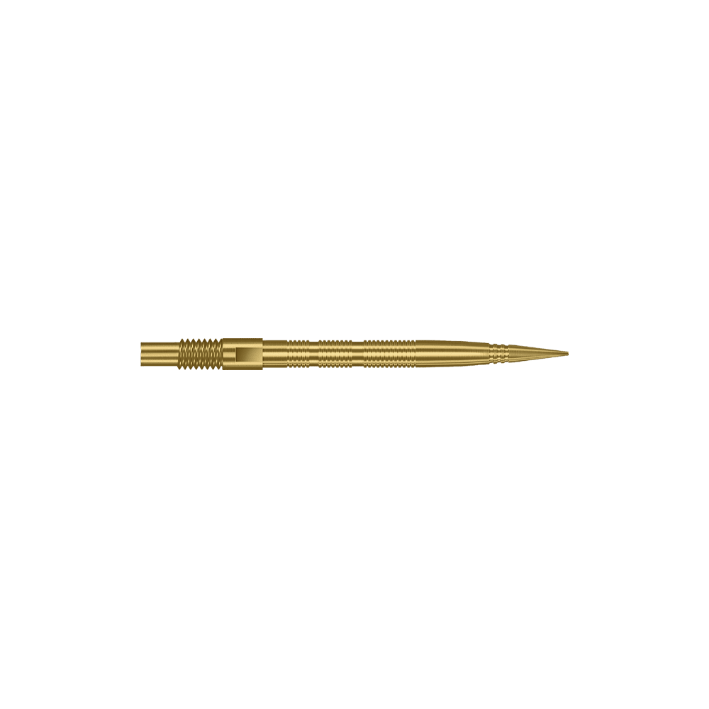 Das Bild zeigt goldene MicroRidge Dartspitzen in 26 mm Länge. Die Dartspitzen gehören wahrscheinlich zur Quick Point Serie von Harrows.