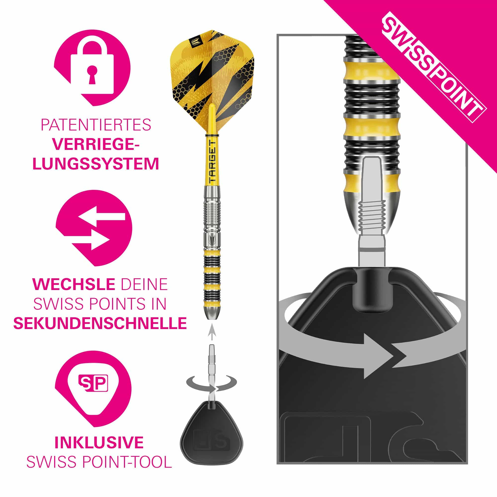 Stalowe lotki Target Buzz 01 Swiss Points Zu sehen sind Target Buzz 01 Swiss Points Steeldarts. Diese Steeldarts sind ideal für den Dartsport geeignet.
