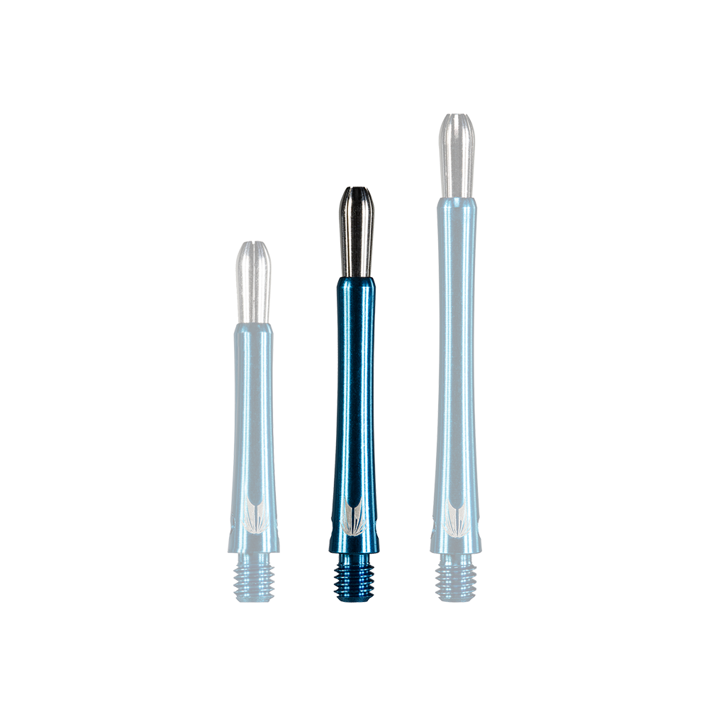 Das Bild zeigt drei blaue Aluminium-Dartschäfte des Modells "Target Grip Style" in unterschiedlichen Längen. Die Schäfte haben silberne Spitzen oben und ein glänzendes Finish.