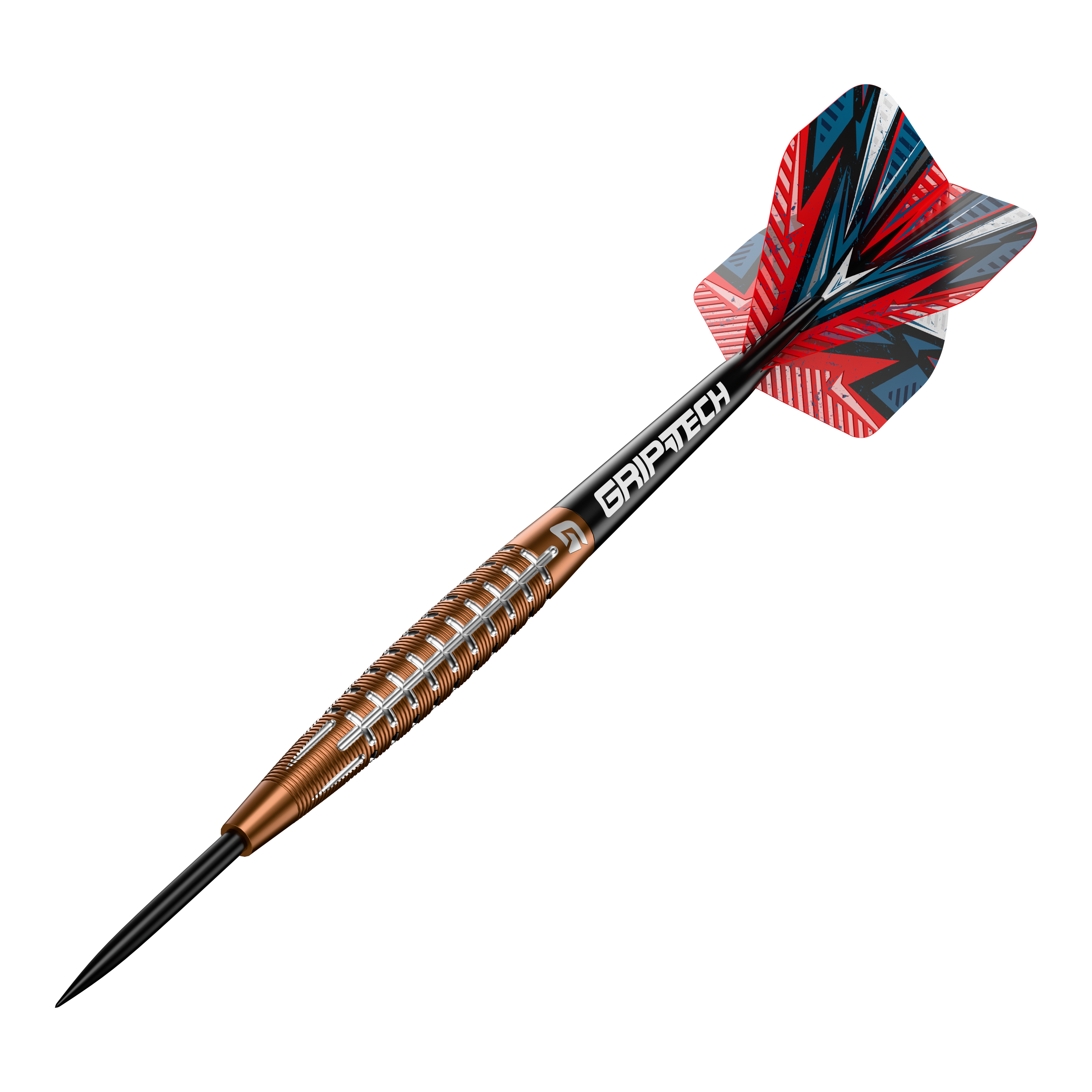 Lotki GOAT Quarterback V1 ze stali wolframowej Das Bild zeigt einen GOAT Quarterback V1 Tungsten Steeldart. Der Dartpfeil hat ein auffälliges Design mit einer rot-blauen Flight und einem goldenen Griff mit silbernen Rillen.