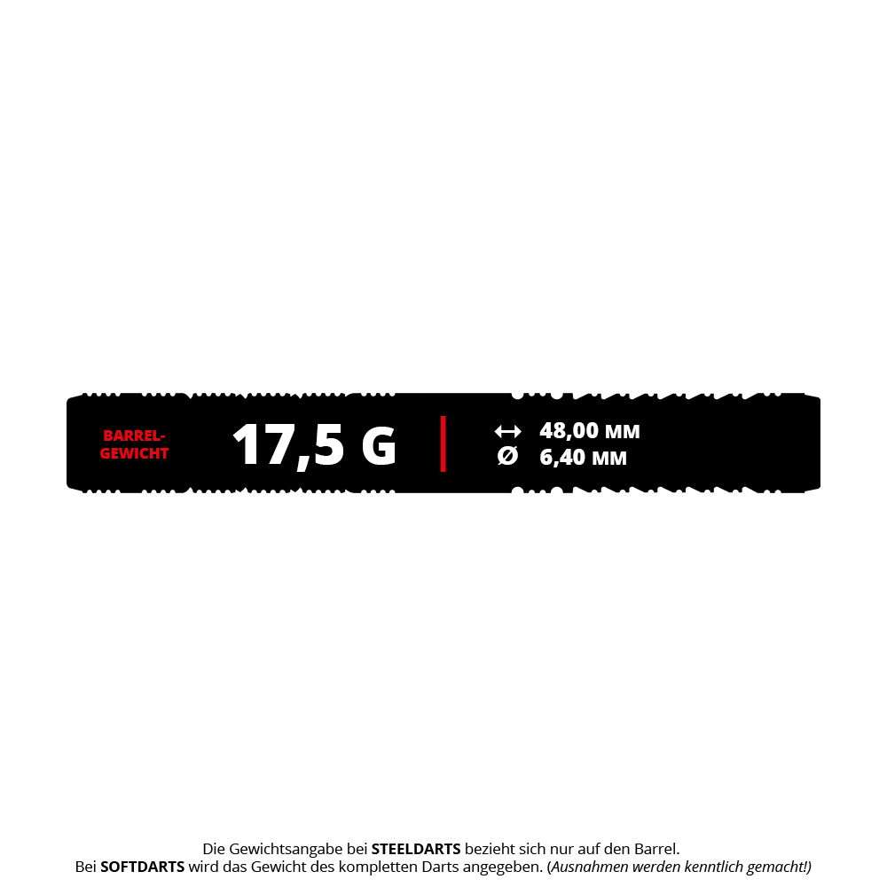 Das Bild zeigt die Produktspezifikationen der Target Japan Black Marque Reyn GEN2 Softdarts mit einem Gewicht von 17,5 Gramm. Die Barrel-Länge beträgt 48,00 mm und der Durchmesser 6,40 mm.