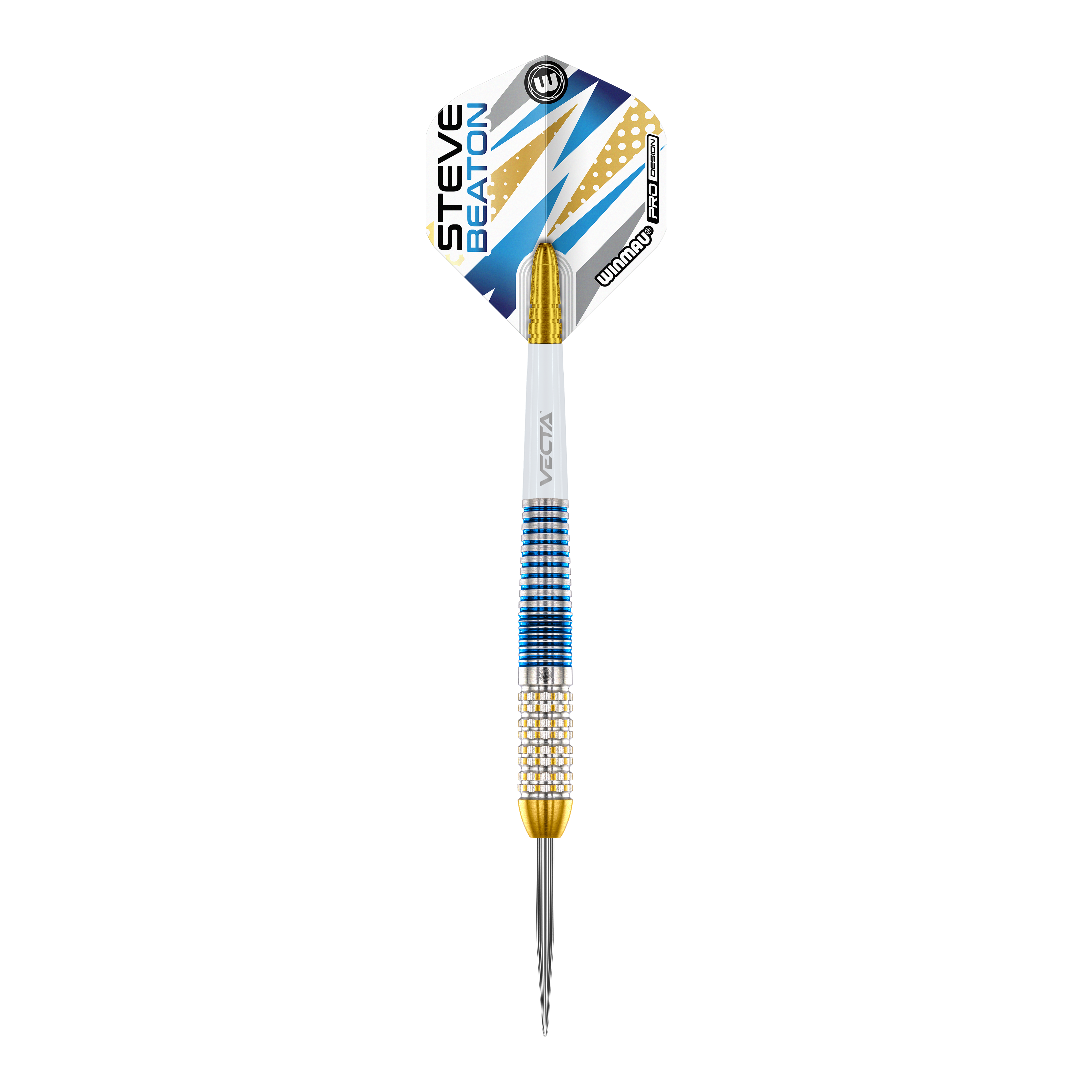 Winmau Steve Beaton Legend Series Steeldarts Das Bild zeigt einen Winmau Steve Beaton Legend Series Steeldart. Der Dart ist blau, gold und weiß gestaltet und hat den Namen "Steve Beaton" auf dem Flight.