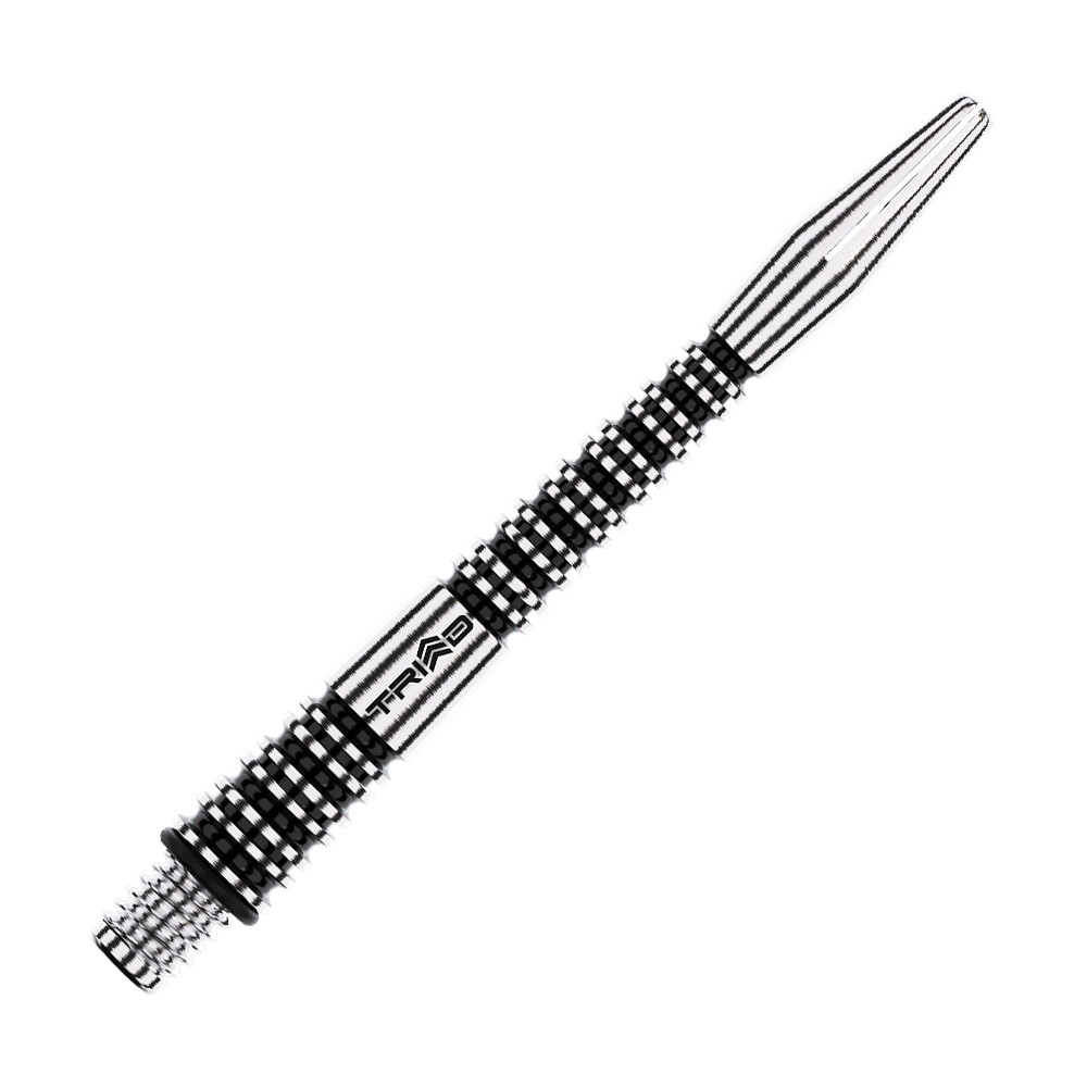 Winmau Triad RX Aluminium Shafts - Schwarz Das Bild zeigt einen schwarz-silbernen Aluminium Dartshaft mit geriffeltem Design. Auf dem Schaft steht das Wort "TRIAD".