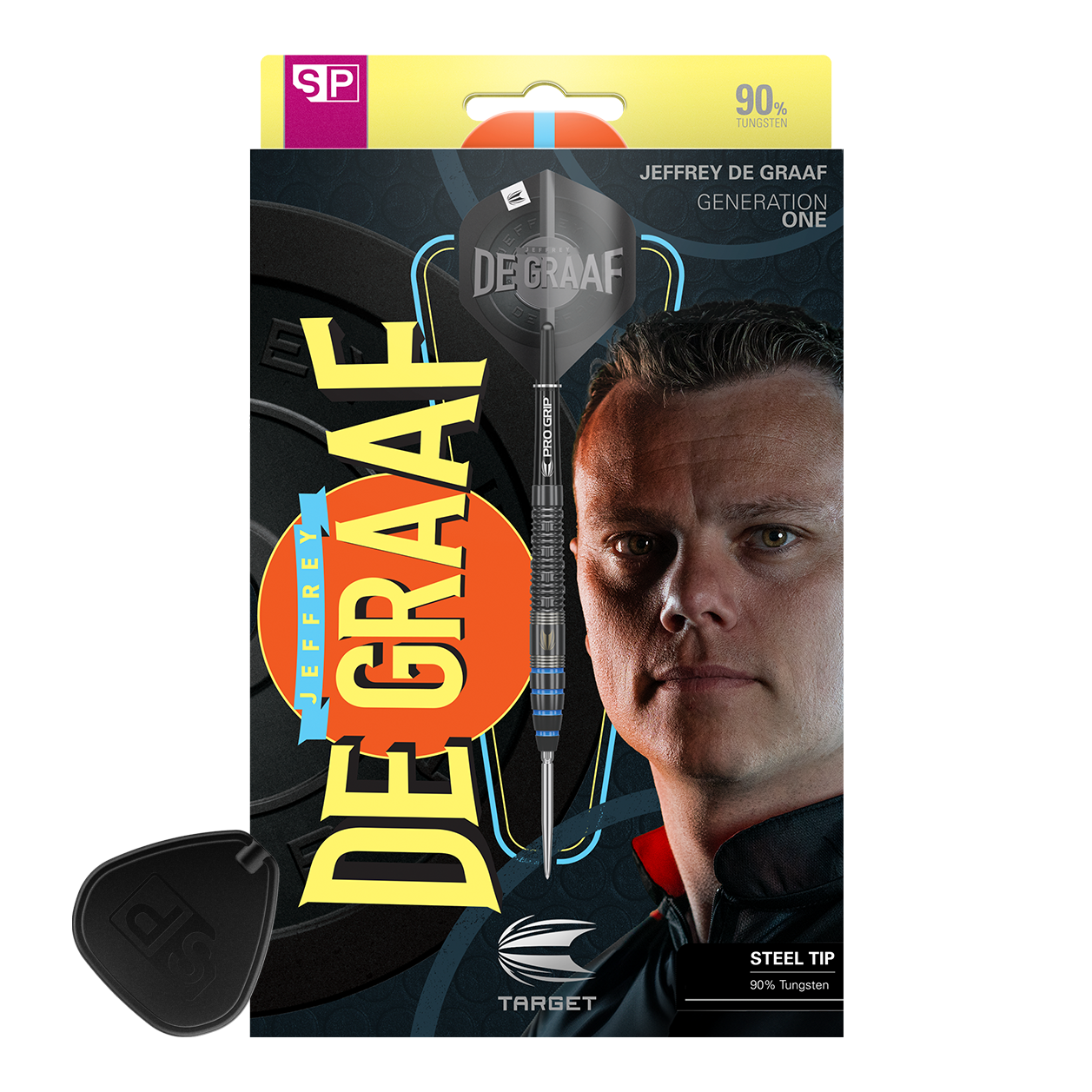 Auf der Verpackung ist ein Steeldart abgebildet, der zu 90 % aus Wolfram besteht. Rechts sieht man das Porträt eines Mannes und den Namen "Jeffrey De Graaf".