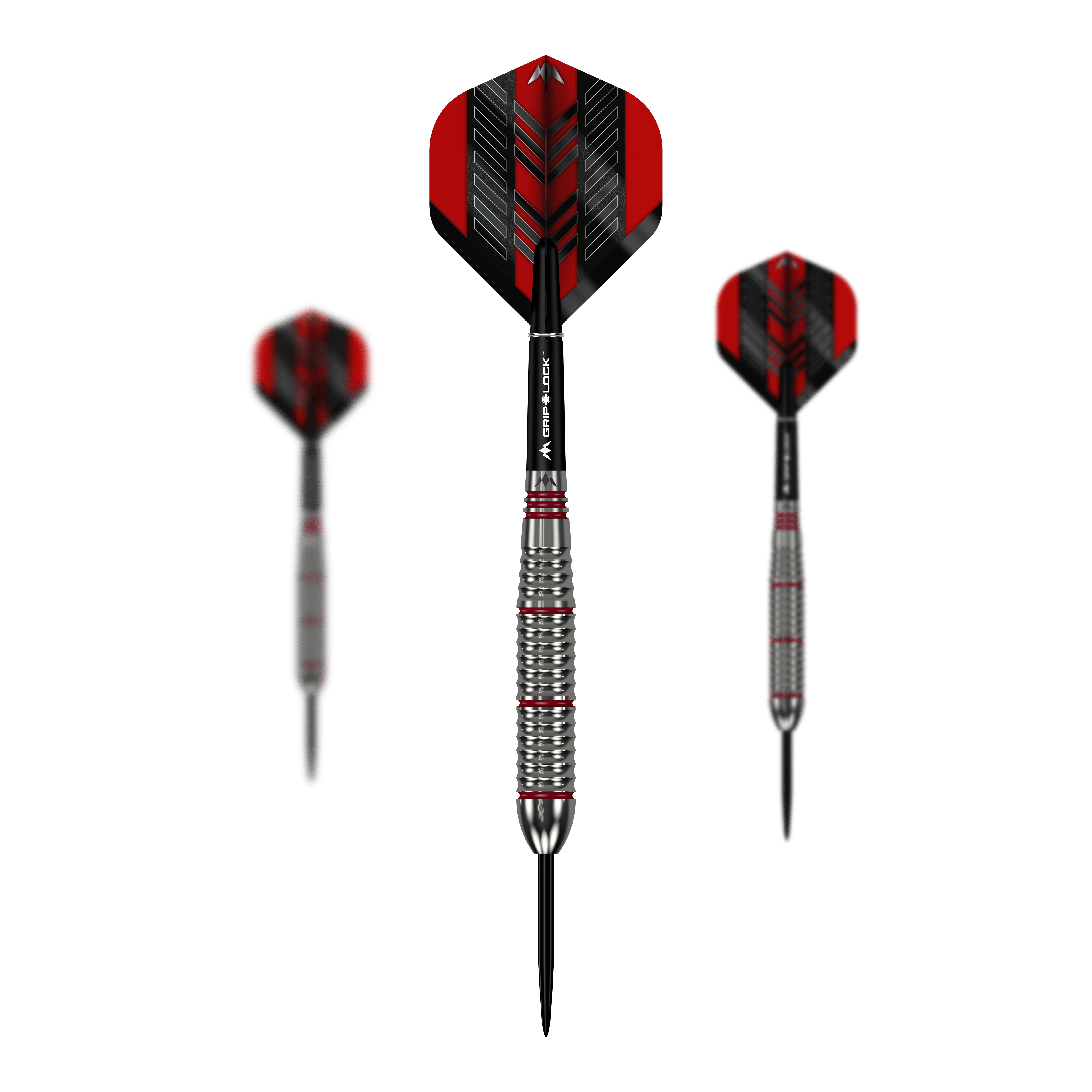 Lotki Mission Rogue Brass Steel – 22 g Das Bild zeigt drei Mission Rogue Brass Steeldarts mit einem Gewicht von 22g. Die Darts haben rote und schwarze Flights sowie silberne, gerillte Barrels.