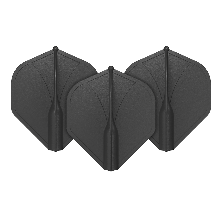Auf dem Bild sind drei schwarze Dart-Flights zu sehen. Sie stehen aufrecht nebeneinander und haben eine standardmäßige, geformte Flügelform.