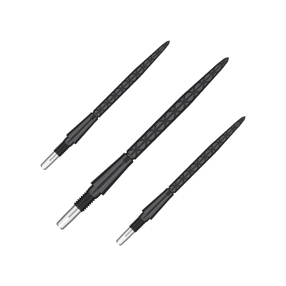 Końcówki do lotek Target Swiss Storm Diamond Point – czarne Auf dem Bild sind drei schwarze Dartspitzen mit Rautenmuster zu sehen. Sie sind parallel nebeneinander angeordnet.