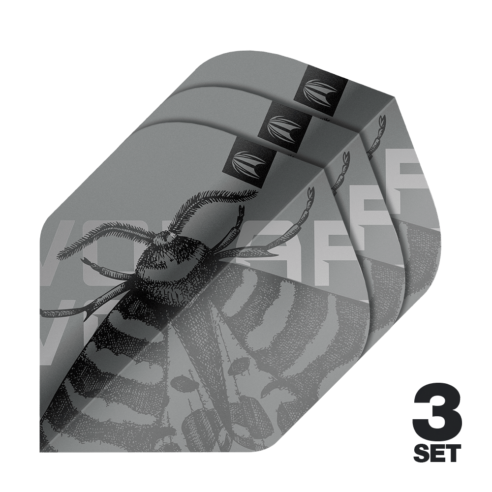 Target Pro Ultra Volar No2 Standard Flights - 3 serie Das Bild zeigt drei Sätze der Target Pro Ultra Volar No2 Standard Flights. Das Design ist grau mit einem detaillierten Insektenmotiv und der Aufschrift "3 SET".