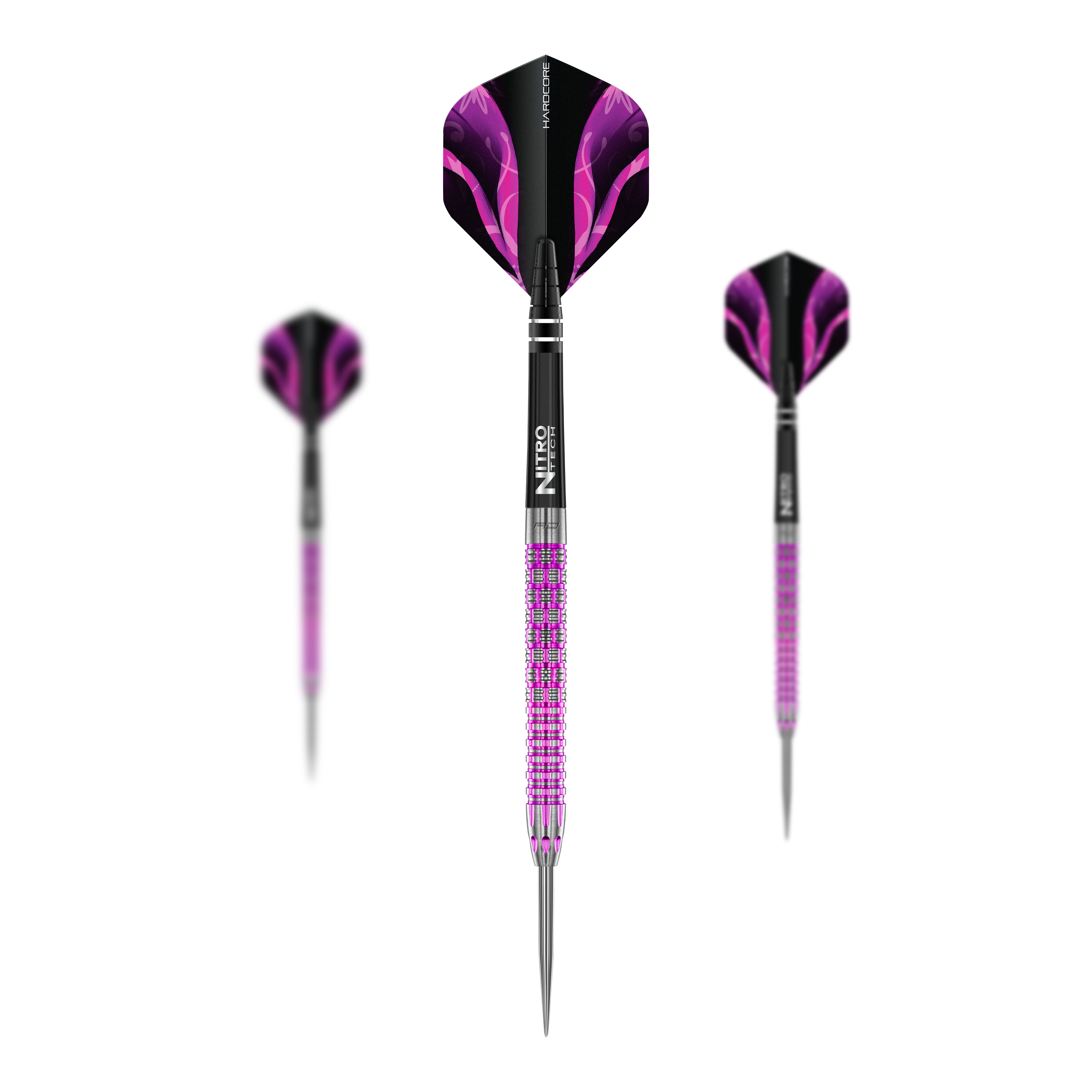 Red Dragon Tyrian Steeldarts Das Bild zeigt drei Red Dragon Tyrian Steeldarts mit silbernen Spitzen und violetten Griffen. Die Flights sind schwarz-lila und haben ein modernes, auffälliges Design.