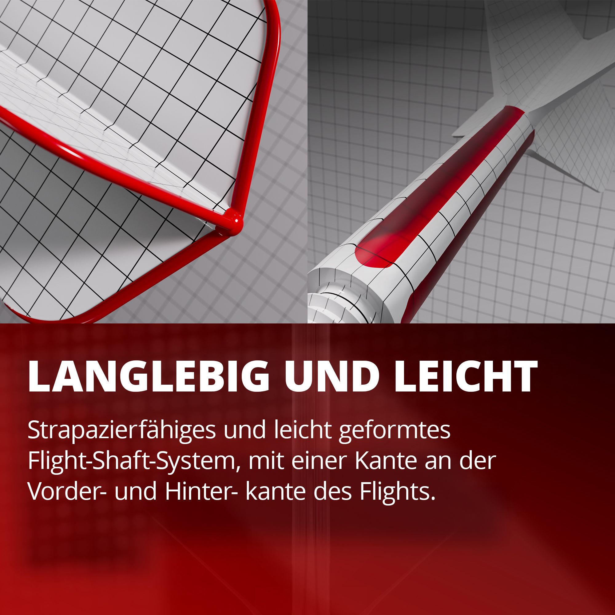 Target K-Flex Raymond Van Barneveld No2 Standardowy system wału napędowego Das Bild zeigt ein langlebiges und leichtes Flight-Shaft-System mit rotem Rand und Gittermuster. Es betont die strapazierfähige und leichte Bauweise mit speziellen Kanten am vorderen und hinteren Bereich des Flights.