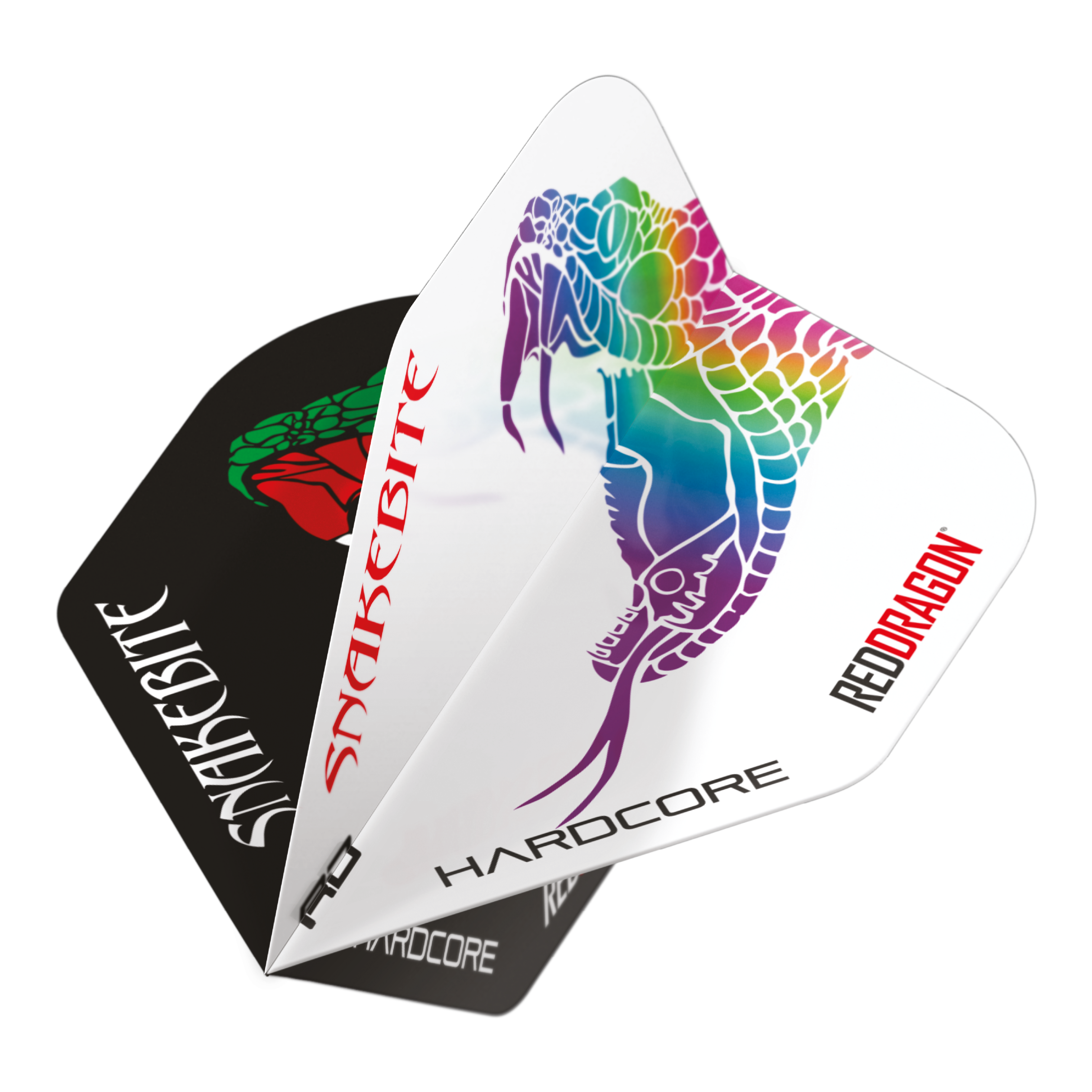 Red Dragon Peter Wright Ukąszenie Węża Czarno-Białe Yin Yang Standardowe Loty Das Bild zeigt die Red Dragon Peter Wright Snakebite Black White Yin Yang Standard Flights für Darts. Auf den Flights sind bunte Schlangenmotive und die Schriftzüge "Snakebite" und "Red Dragon" zu sehen.