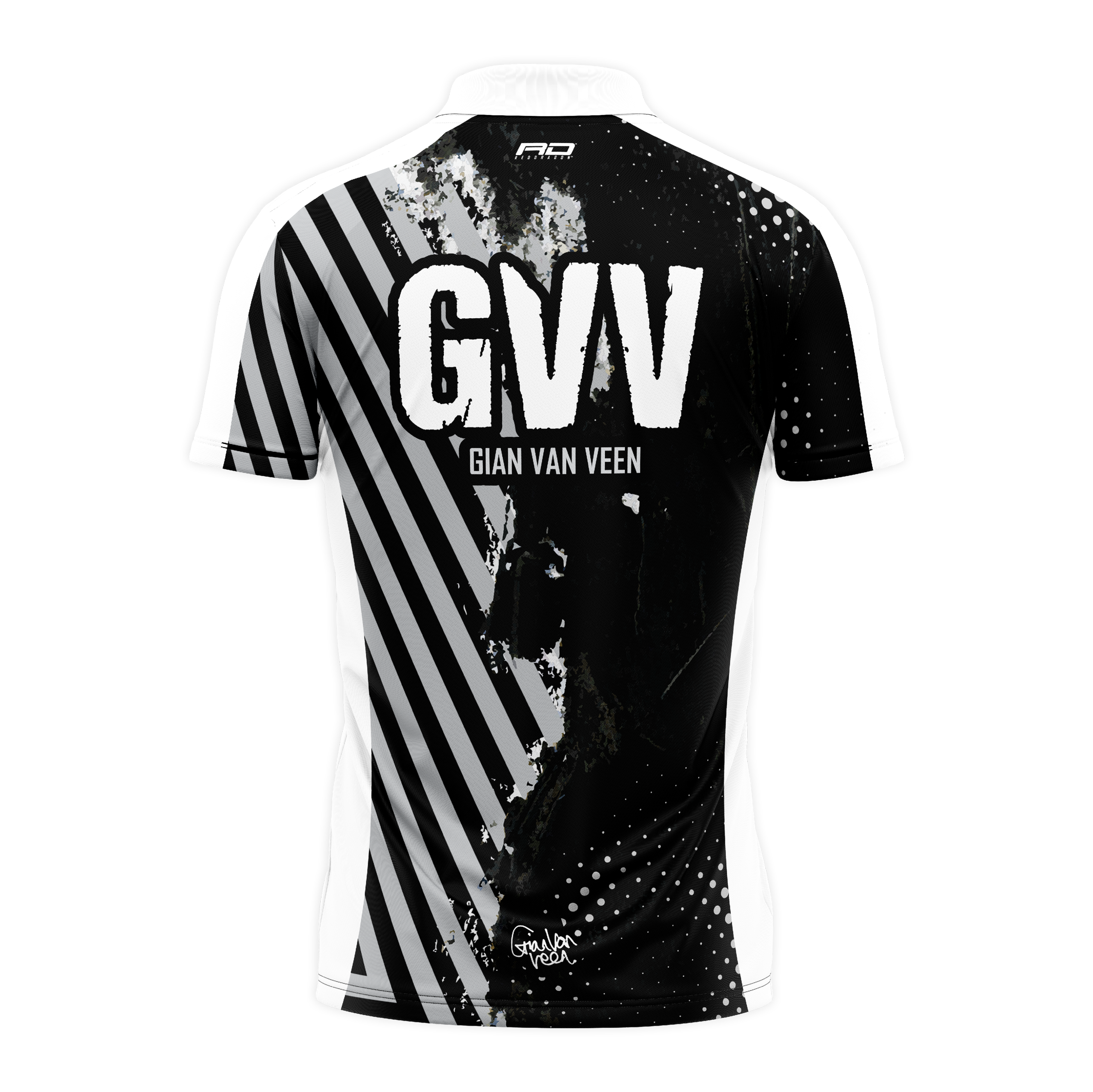 Red Dragon Gian Van Veen Limited Edition Dartshirt präsentiert sich auf dem Bild. Das Dartshirt ist eine exklusive Sonderedition.