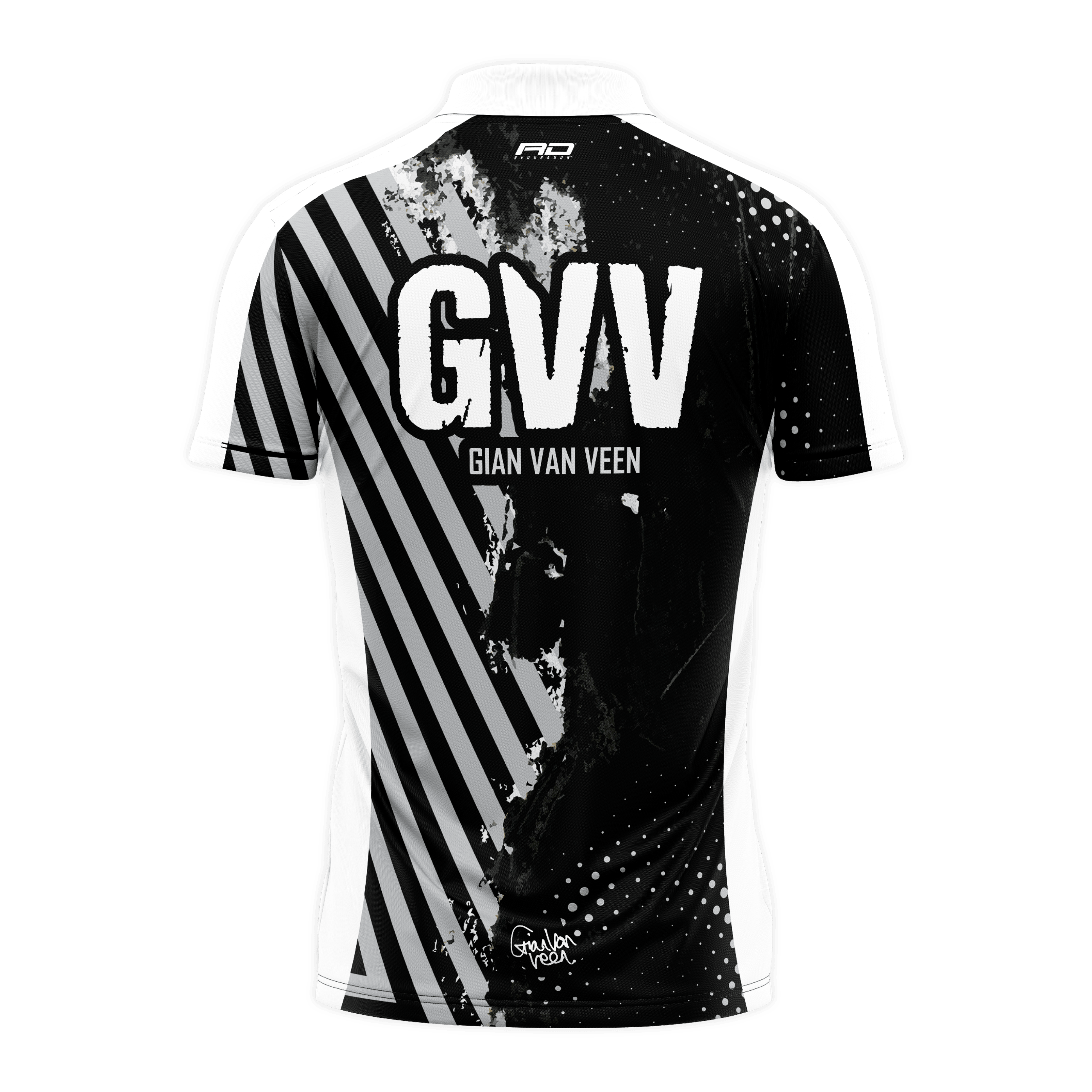 Koszulka Red Dragon Gian Van Veen Limited Edition z lotkami Red Dragon Gian Van Veen Limited Edition Dartshirt präsentiert sich auf dem Bild. Das Dartshirt ist eine exklusive Sonderedition.