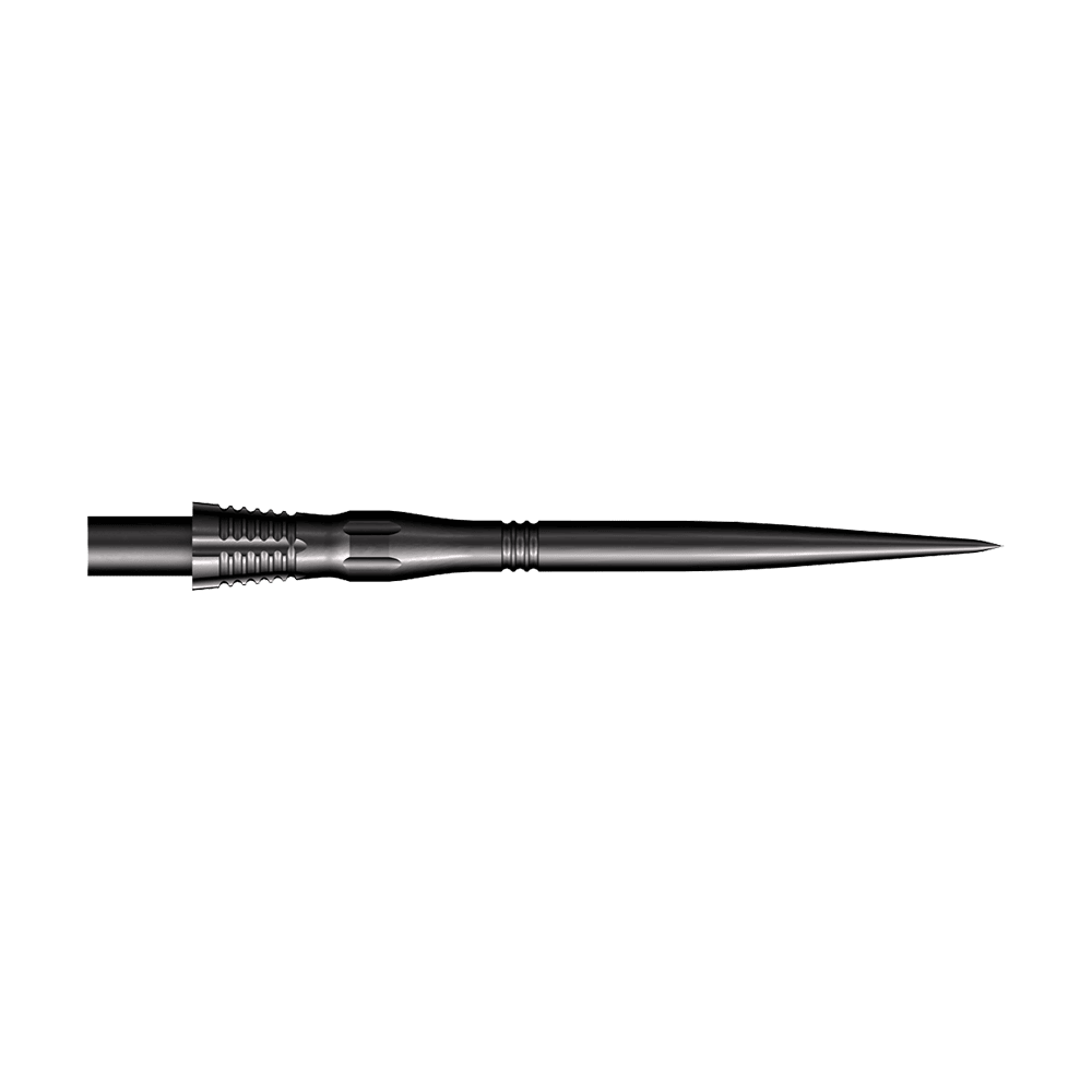Das Bild zeigt eine schwarze Steeldart-Spitze mit dem Namen "Shot Cone Scallop". Die Spitze ist 35 mm lang und hat eine schlanke, gezackte Form.