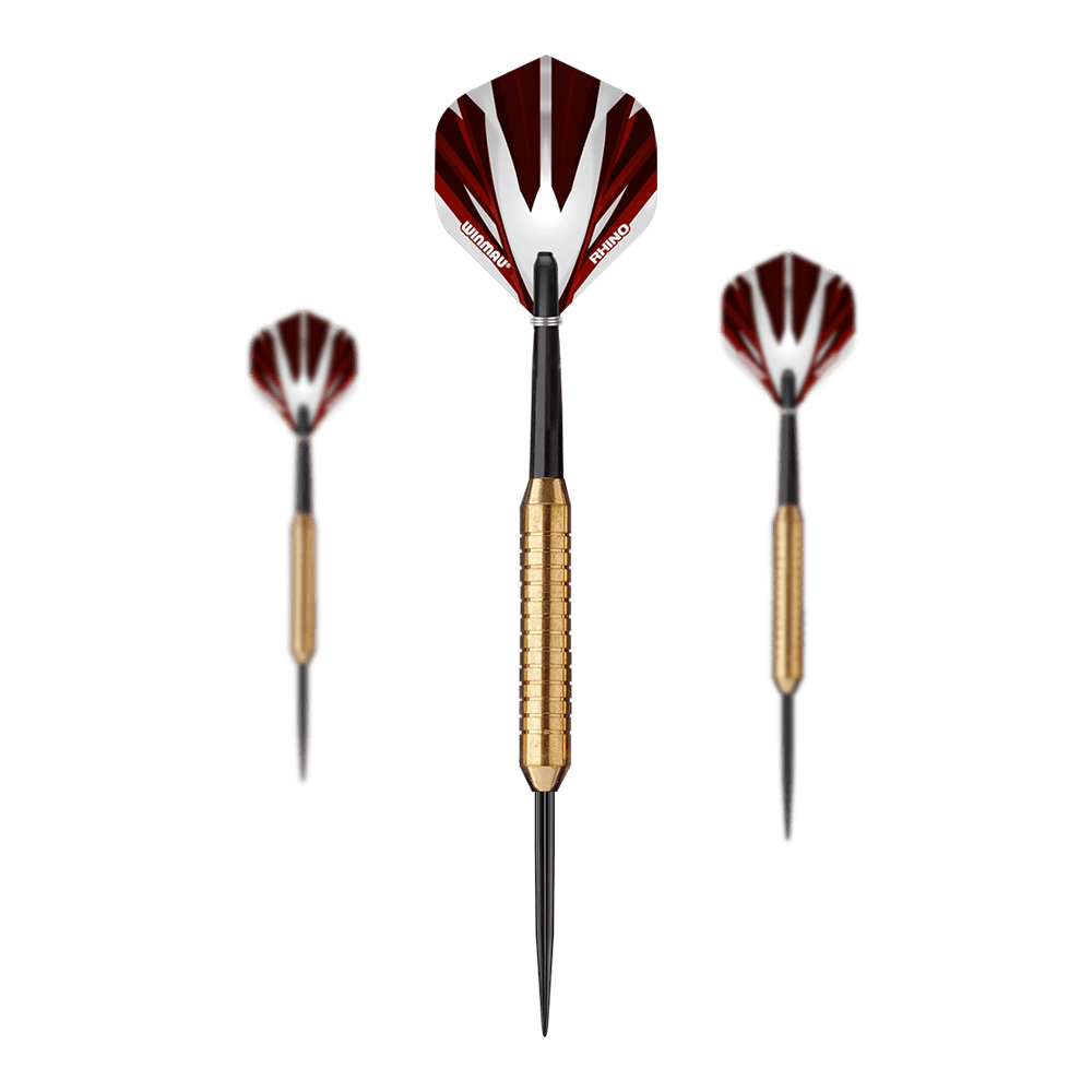 Winmau Broadside Brass Steeldarts - 22g Das Bild zeigt drei Winmau Broadside Brass Steeldarts mit einem Gewicht von 22 Gramm. Die Darts haben goldfarbene Griffe und schwarz-rote Flights.