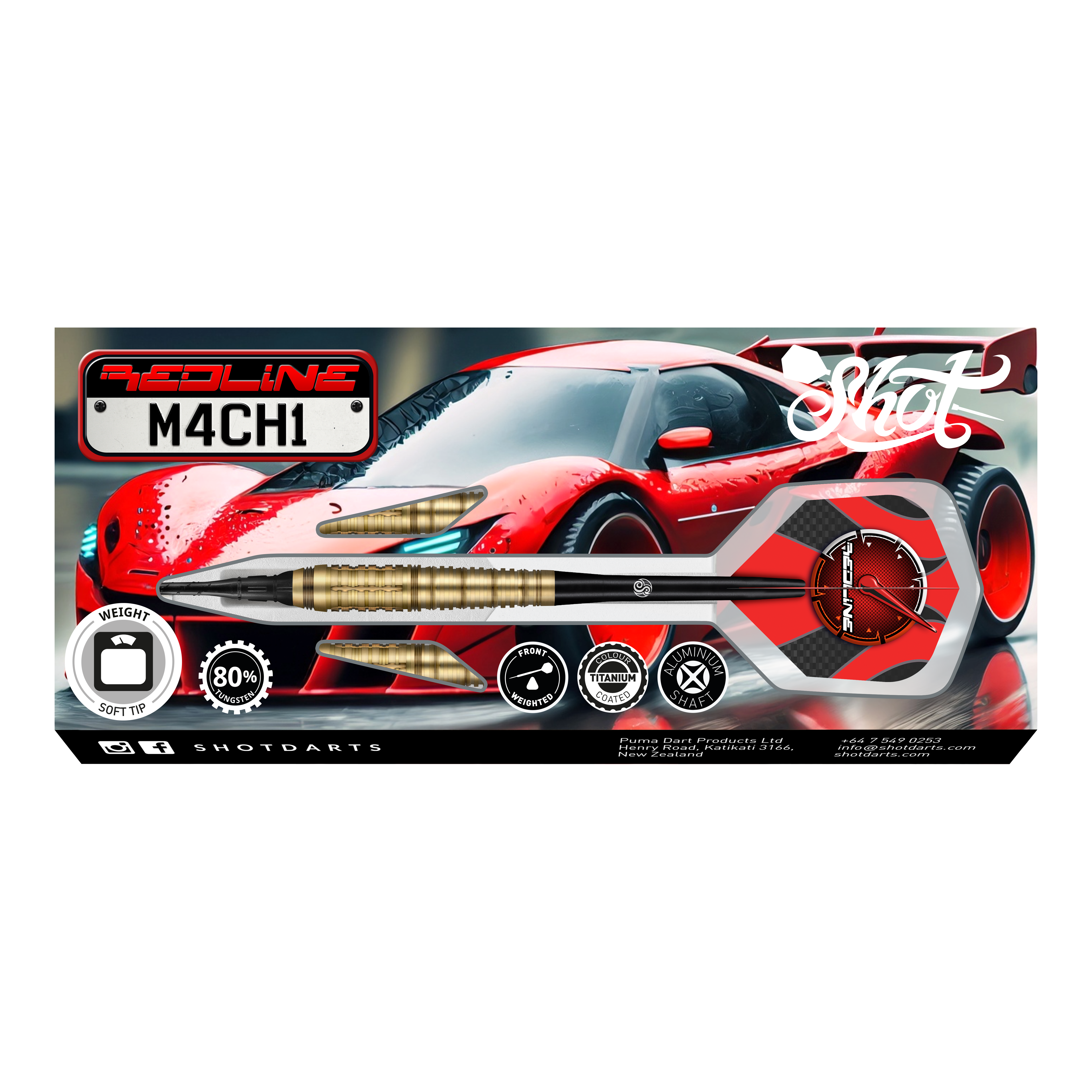 Miękkie lotki Shot Redline Mach 1 - 20g Das Bild zeigt die Verpackung der "Shot Redline Mach 1 Softdarts - 20g". Auf der Packung ist ein roter Sportwagen zusammen mit einem abgebildeten Softdart-Pfeil zu sehen.