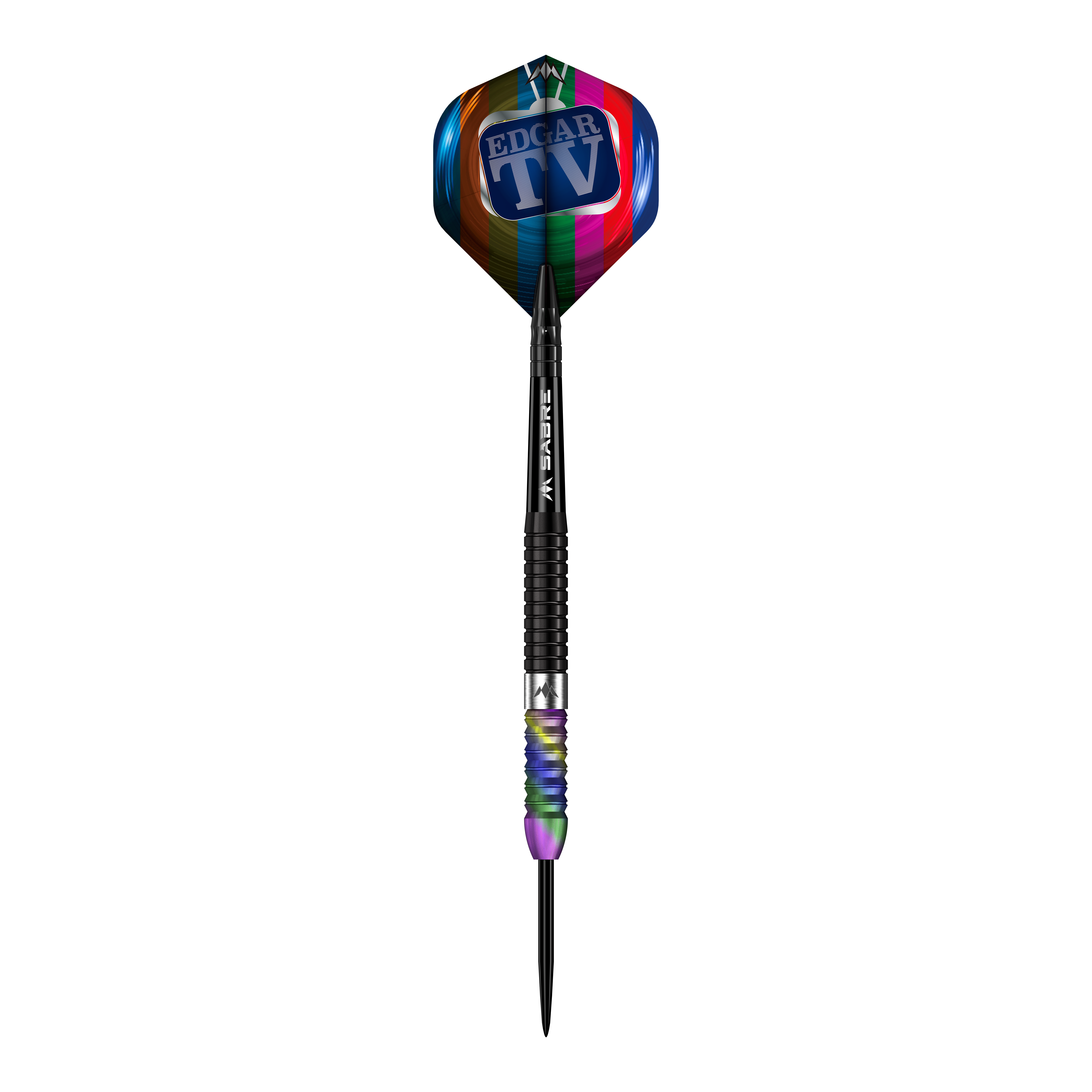Misja Matt Edgar Steeldarts Das Bild zeigt einen Steeldart mit dem Namen "Mission Matt Edgar Steeldarts". Der Dart hat einen bunten Flight mit der Aufschrift "EDGAR TV" und ein schwarz-geriffeltes Barrel.
