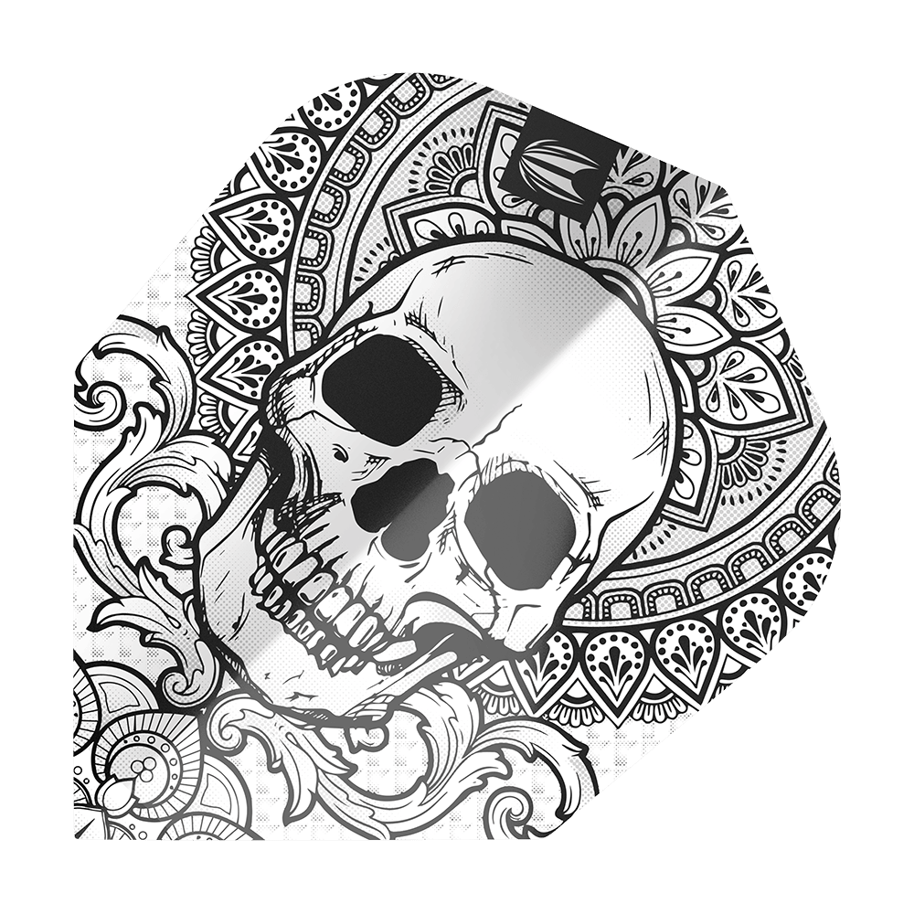 TG488_335480_Target_ProUltra_Ink_Grey_No6_Flights_1 Dieses Bild zeigt das Produkt "Target ProUltra Ink Grey No6 Flights". Auf dem Flight ist ein detailreich gezeichneter Totenkopf mit ornamentalen Mustern abgebildet.