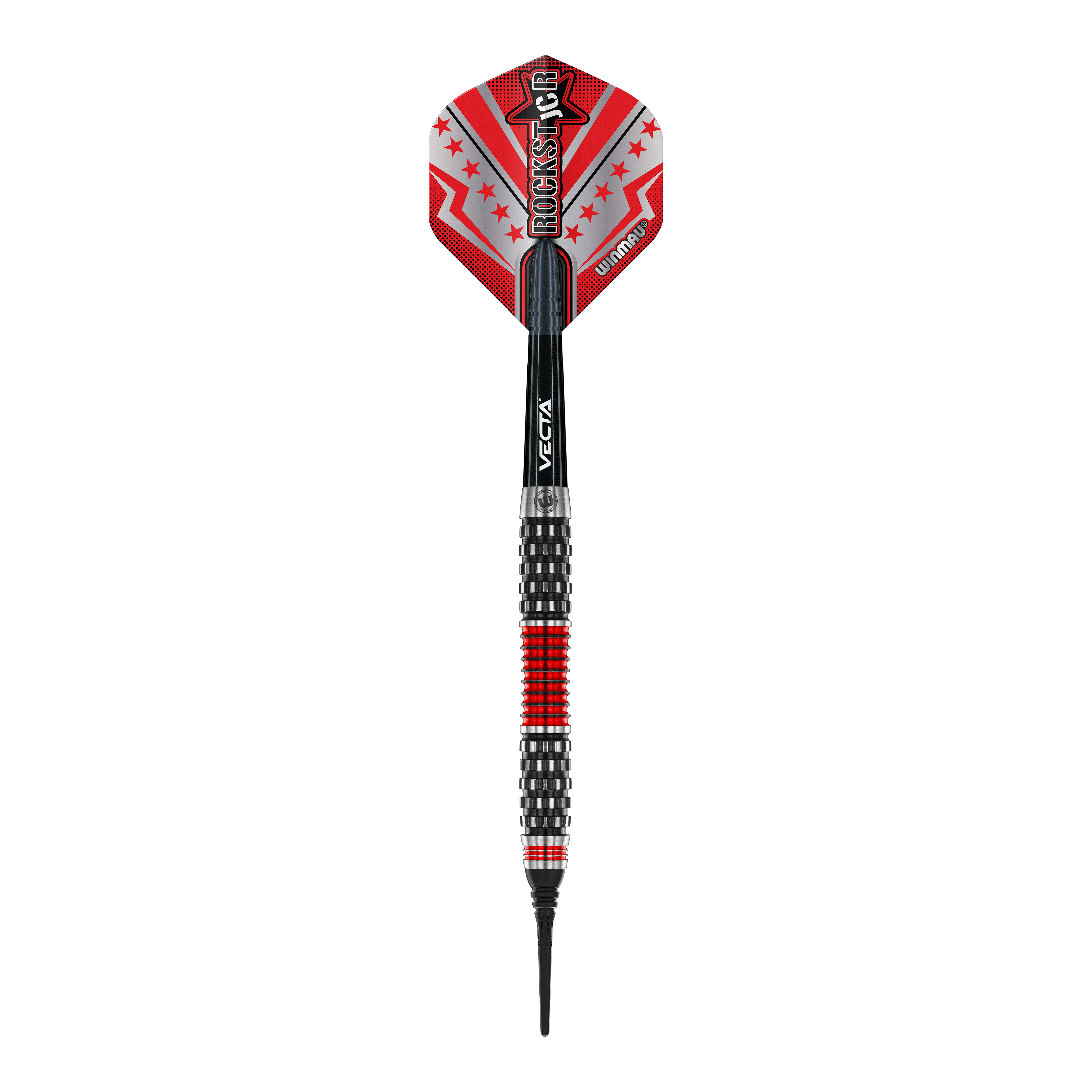 Lotki Winmau Joe Cullen Rockstar Series RS1 Soft Darts - 20g Dieses Bild zeigt einen Winmau Joe Cullen Rockstar Series RS1 Softdart mit einem Gewicht von 20g. Der Dart ist schwarz und rot gestaltet und hat einen auffälligen Flights mit dem Aufdruck "Rockstar".