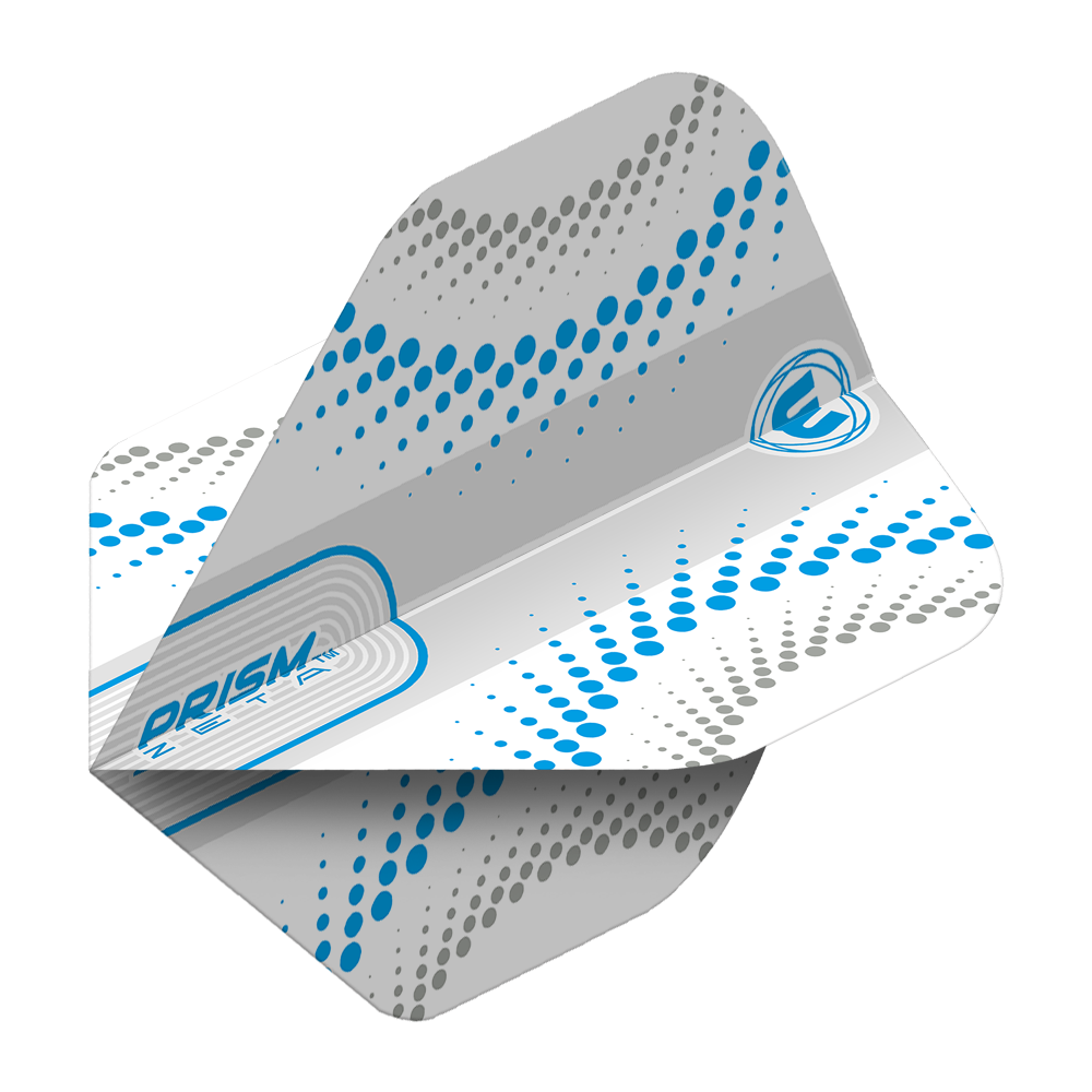 Das Bild zeigt ein Dartflight mit dem Namen "Winmau Prism Zeta Circles WhiteBlue Standard Flights". Das Design ist weiß und grau mit blauen und grauen Kreispunkten.