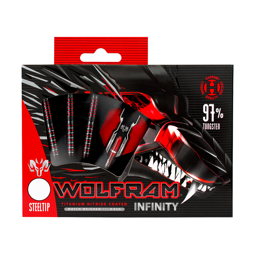 HA16990-Harrows-Wolfram-Infinity-97-Tungsten-Steeldarts-3 Auf dem Bild ist die Verpackung der "Harrows Wolfram Infinity 97% Tungsten Steeldarts" zu sehen. Das Design ist schwarz-rot und zeigt einen stilisierten Drachenkopf sowie die Darts mit Stahspitzen.