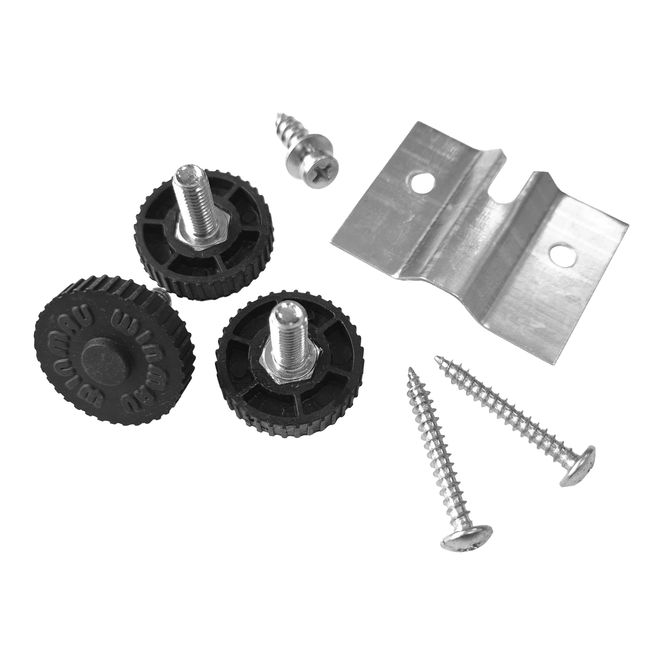 Uchwyt ścienny Winmau Rota-Lock Blade 6 Das Bild zeigt den Winmau Rota-Lock Blade 6 Wandhalterungssatz mit Schrauben, Metallhalterung und schwarzen Befestigungsrädern. Dieses Set wird zur sicheren Wandbefestigung eines Dartboards verwendet.