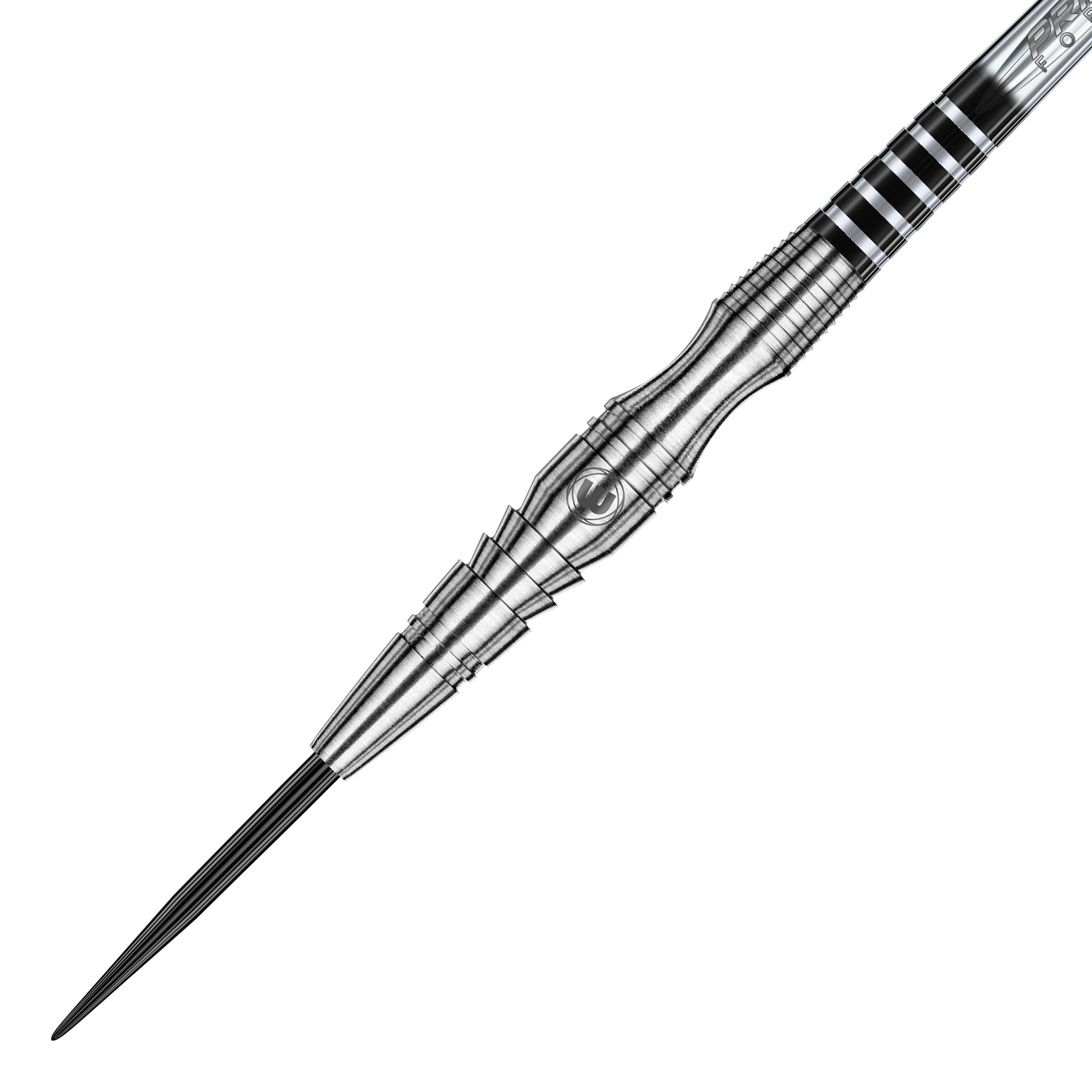 Winmau Sniper V3 Steeldarts Das Bild zeigt einen Winmau Sniper V3 Steeldart. Der Dart ist silberfarben und hat ein auffälliges, strukturiertes Design am Barrel.