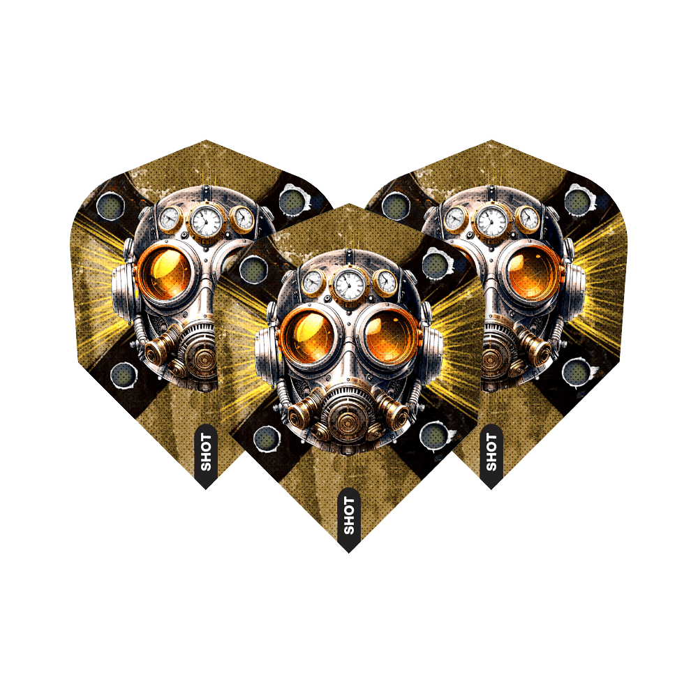 Hier ist das Produkt Shot Badlands The Sherriff No6 Flights abgebildet. Man sieht spezielle Dart-Flights mit individuellem Muster.