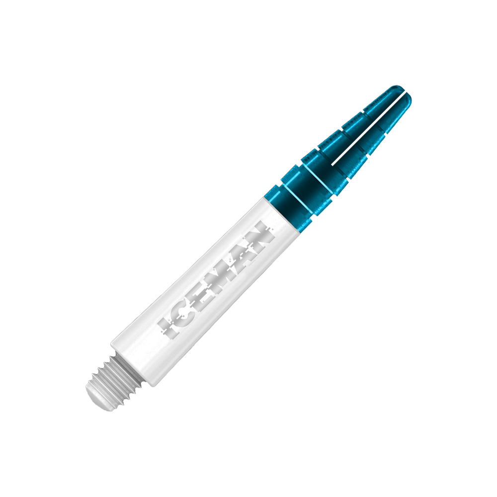 C634_Red_Dragon_Nitrotech_Gerwyn_Price_Shafts_White_36mm_2 Das Bild zeigt einen weißen Dartshaft mit der Aufschrift "ICEMAN" darauf. Am oberen Ende ist der Shaft transparent blau gefärbt.