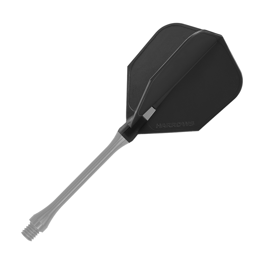 HRC-100_Harrows_Clic_Standard_Flight_Black_2 Das Bild zeigt ein schwarzes Harrows Clic Standard Flight für Darts. Das Flight ist komplett schwarz und besteht aus einem Stück mit dem Shaft.