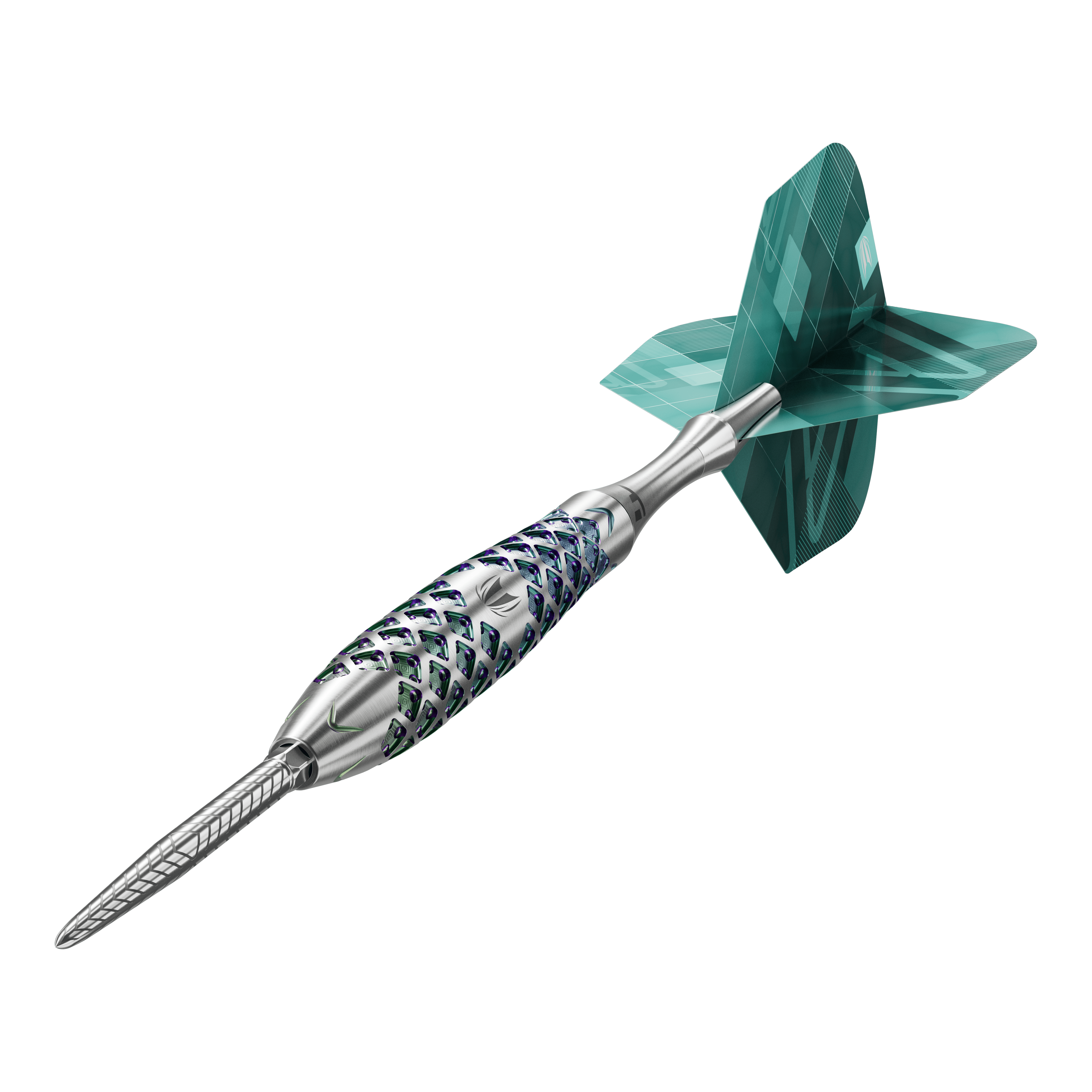 Stalowe lotki Target Rove 02 Swiss Point Das Bild zeigt einen Target Rove 02 Swiss Point Steeldart. Der Dartpfeil hat ein silbernes, strukturiertes Barrel und grüne Flights.