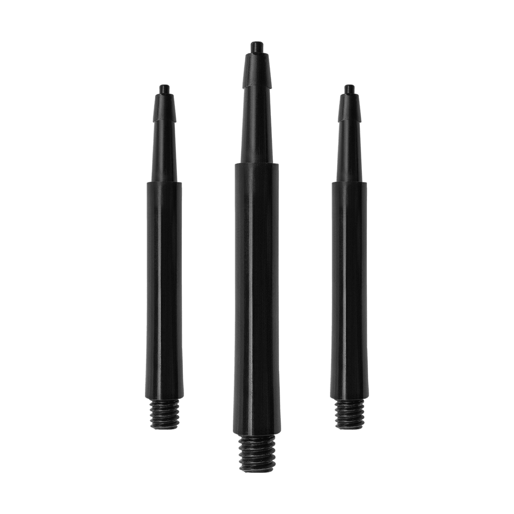 HRC12626_Harrows_Clic_Standard_Shafts_Schwarz_30mm_1 Das Bild zeigt drei schwarze Harrows Clic Standard Shafts. Diese Schäfte sind für den Einsatz bei Darts bestimmt.