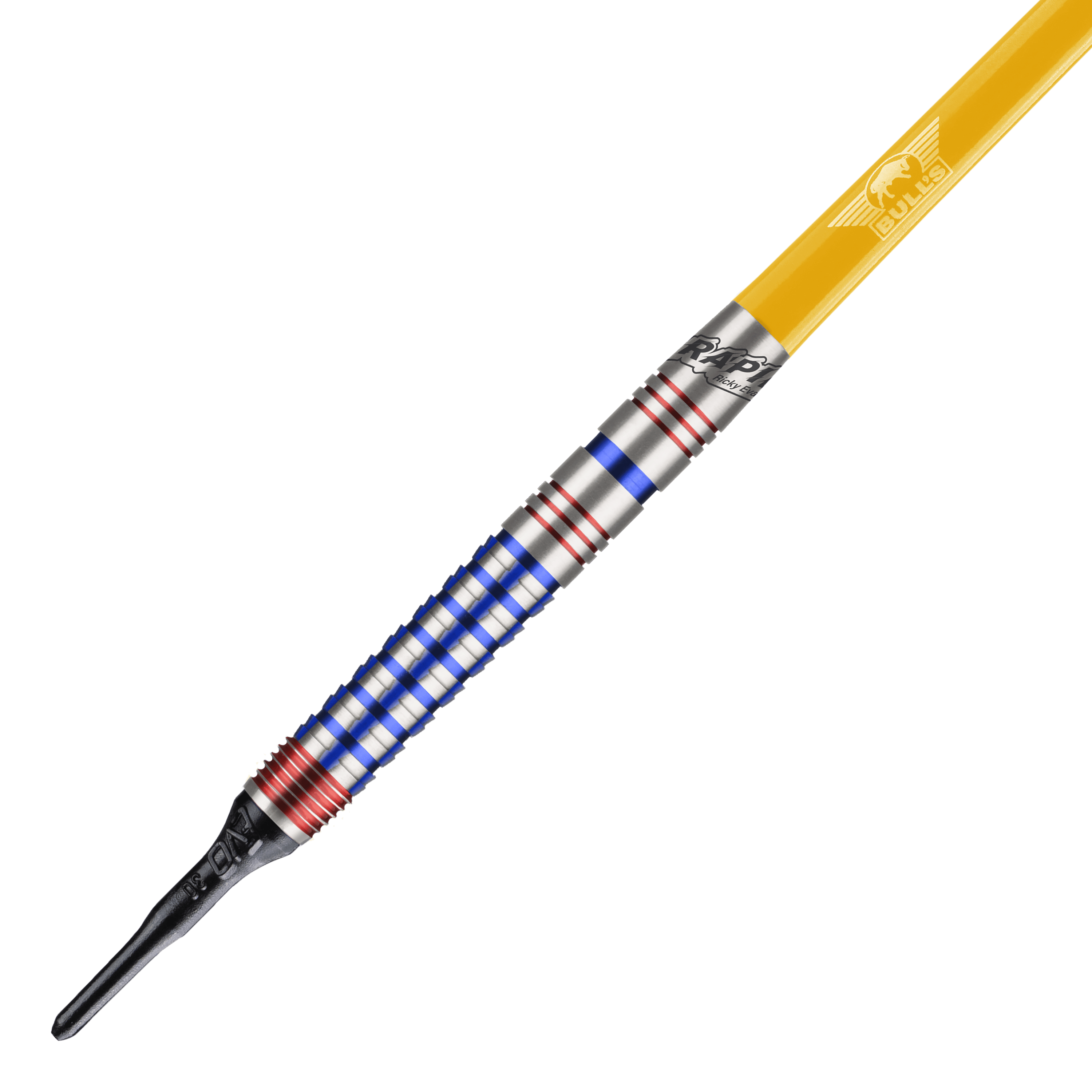 Miękkie rzutki Bulls NL Ricky Evans Rapid Edition One - 20g Dies ist ein Softdart aus der Serie "Bulls NL Ricky Evans Rapid Edition One" mit einem Gewicht von 20g. Der Dart hat einen silbernen Schaft mit blauen und roten Ringen sowie einen gelben Flight.