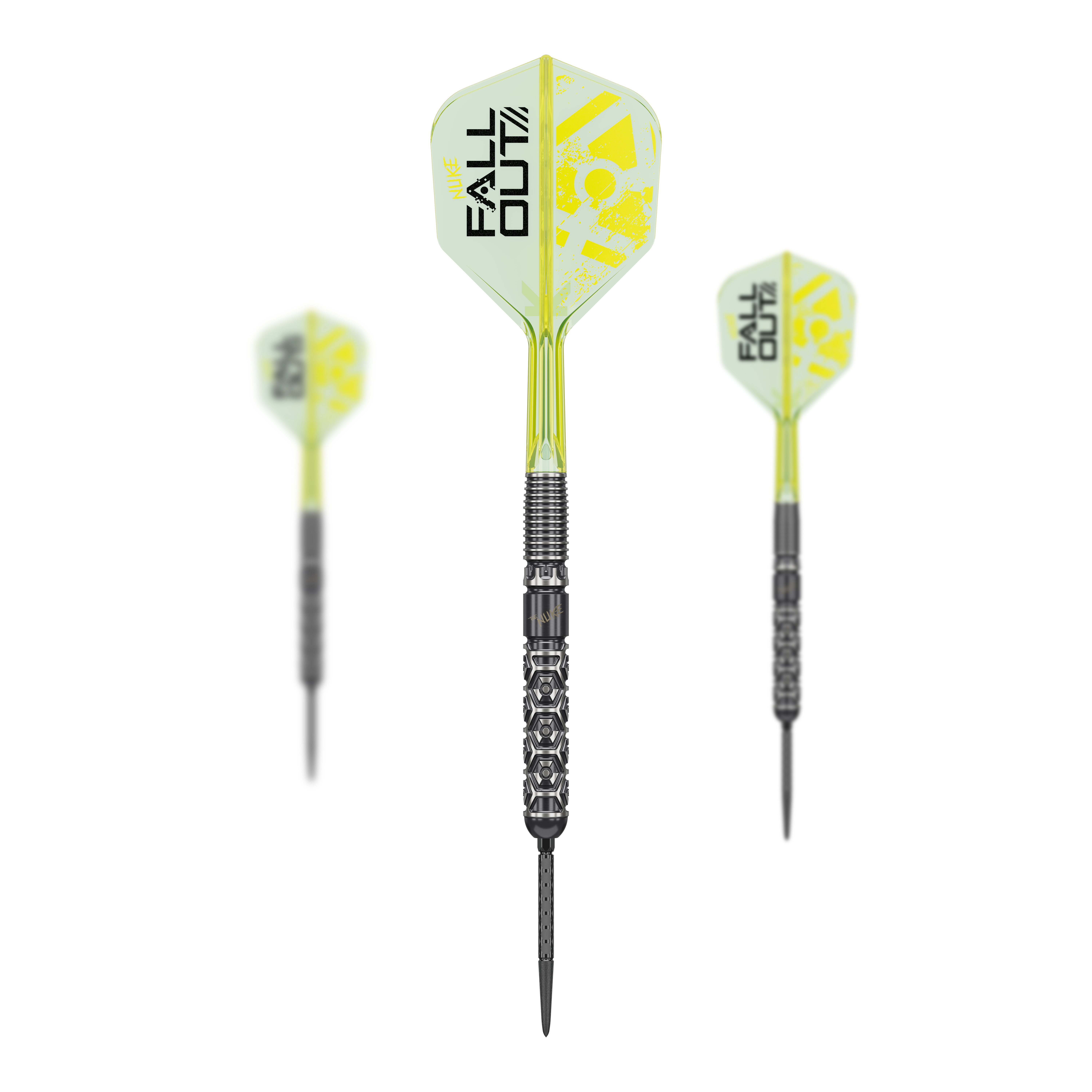 Zu sehen sind die Target Luke Littler Nuke Fallout Swiss Points Steeldarts. Es handelt sich um ein Set hochwertiger Steeldarts.