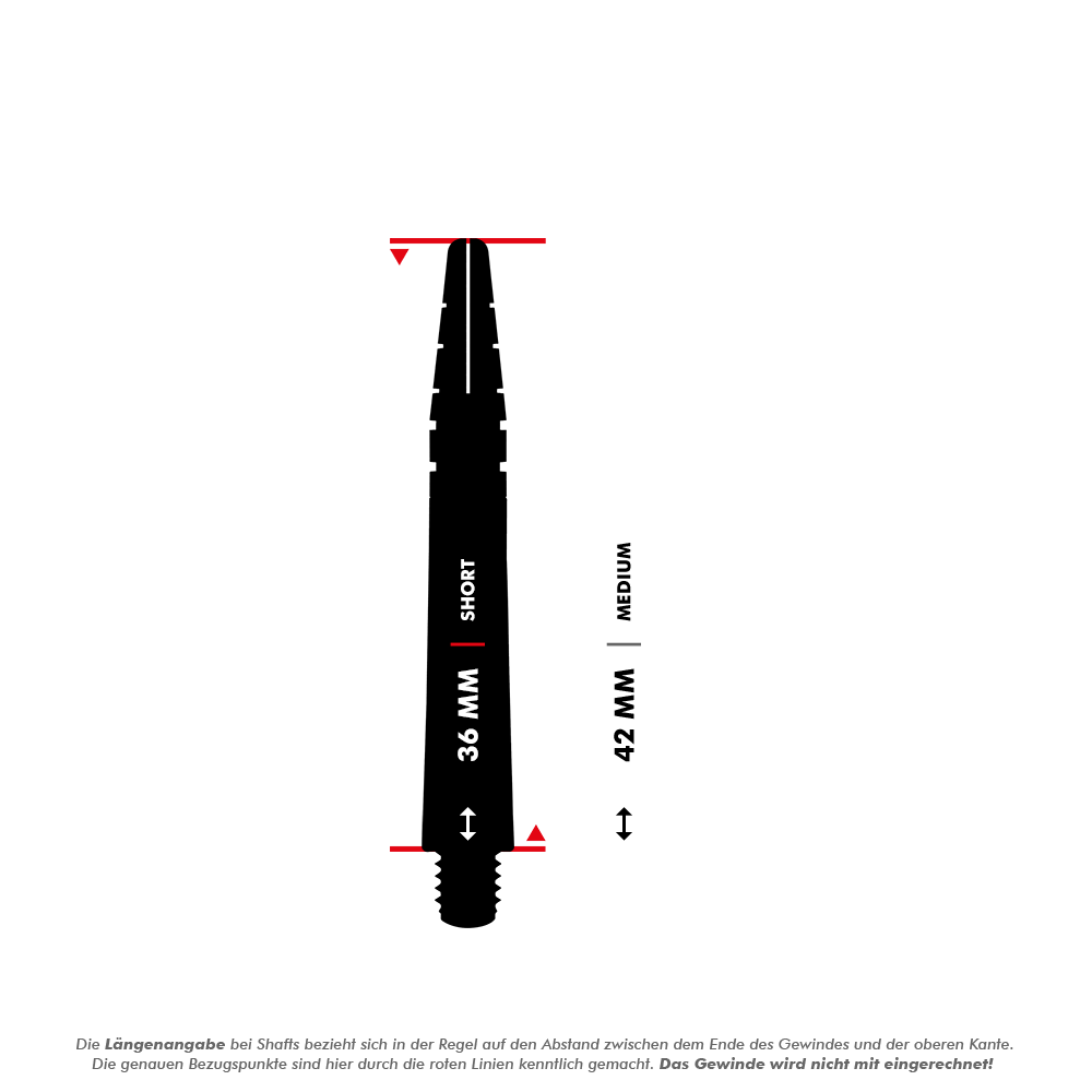RDS440_Red_Dragon_Nitrotech_Shafts_5_36mmkCuQwKjs2Hlnk Das Bild zeigt einen Red Dragon Nitrotech Peter Wright Shaft in Grün. Es werden die Längen "Short" mit 36 mm und "Medium" mit 42 mm dargestellt.