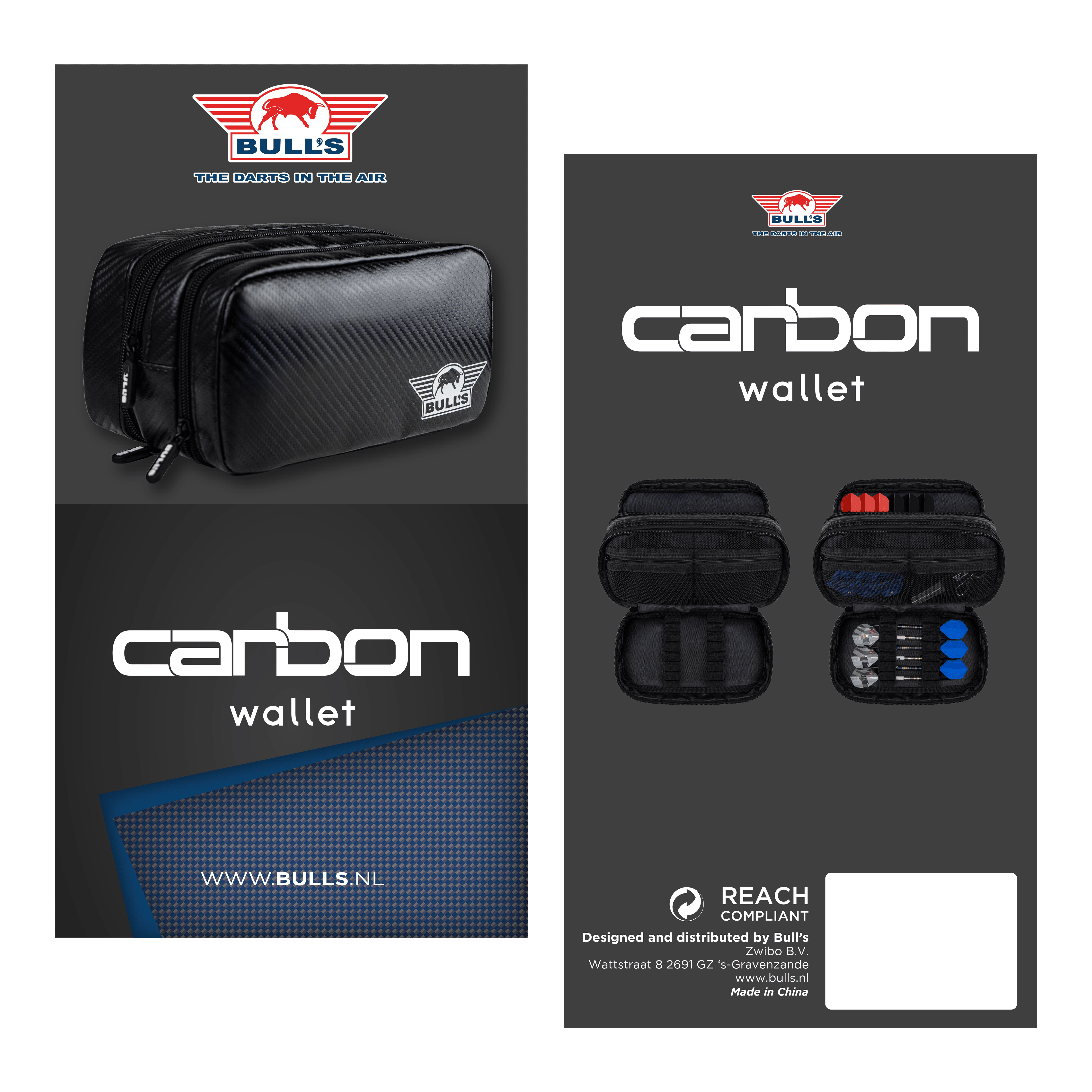 Auf dem Foto ist das Bulls NL Carbon Wallet zu sehen. Es handelt sich um ein hochwertiges Dart-Accessoire zur Aufbewahrung.
