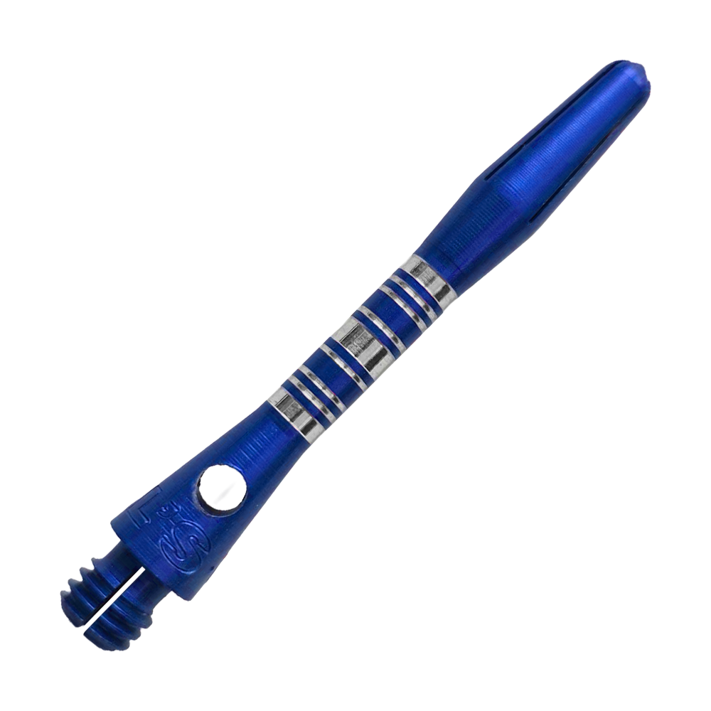 Bulls NL Supra Aluminium Shafts, blau und 34 mm lang, sind abgebildet. Diese Schäfte sind ideal für Dartspieler, die Wert auf Haltbarkeit legen.