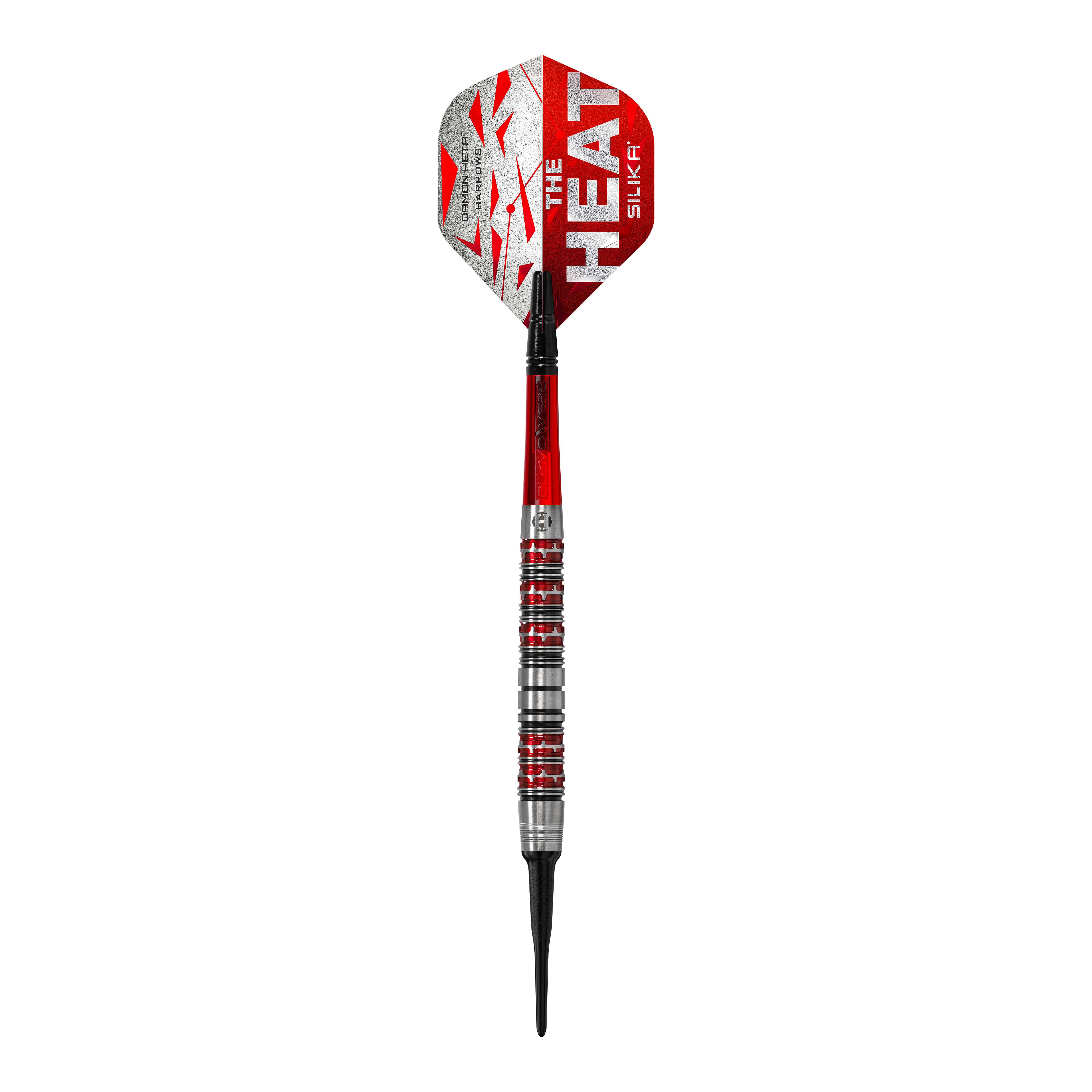 Harrow's Damon Heta Series 3 miękkie lotki Das Bild zeigt einen Harrows Damon Heta Series 3 Softdart. Der Dart ist silber, rot und schwarz gestaltet und trägt den Aufdruck "The Heat" auf dem Flight.