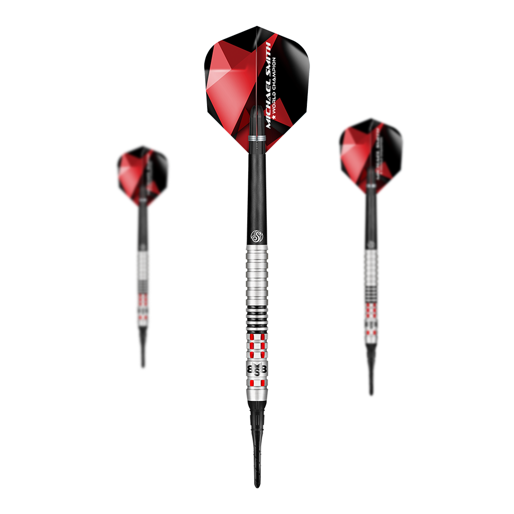 Shot Michaela Smitha osiąga miękkie rzuty Das Bild zeigt drei Softdarts mit roten und schwarzen Flights. Die Darts haben silberne und schwarze Griffe mit roten Akzenten.