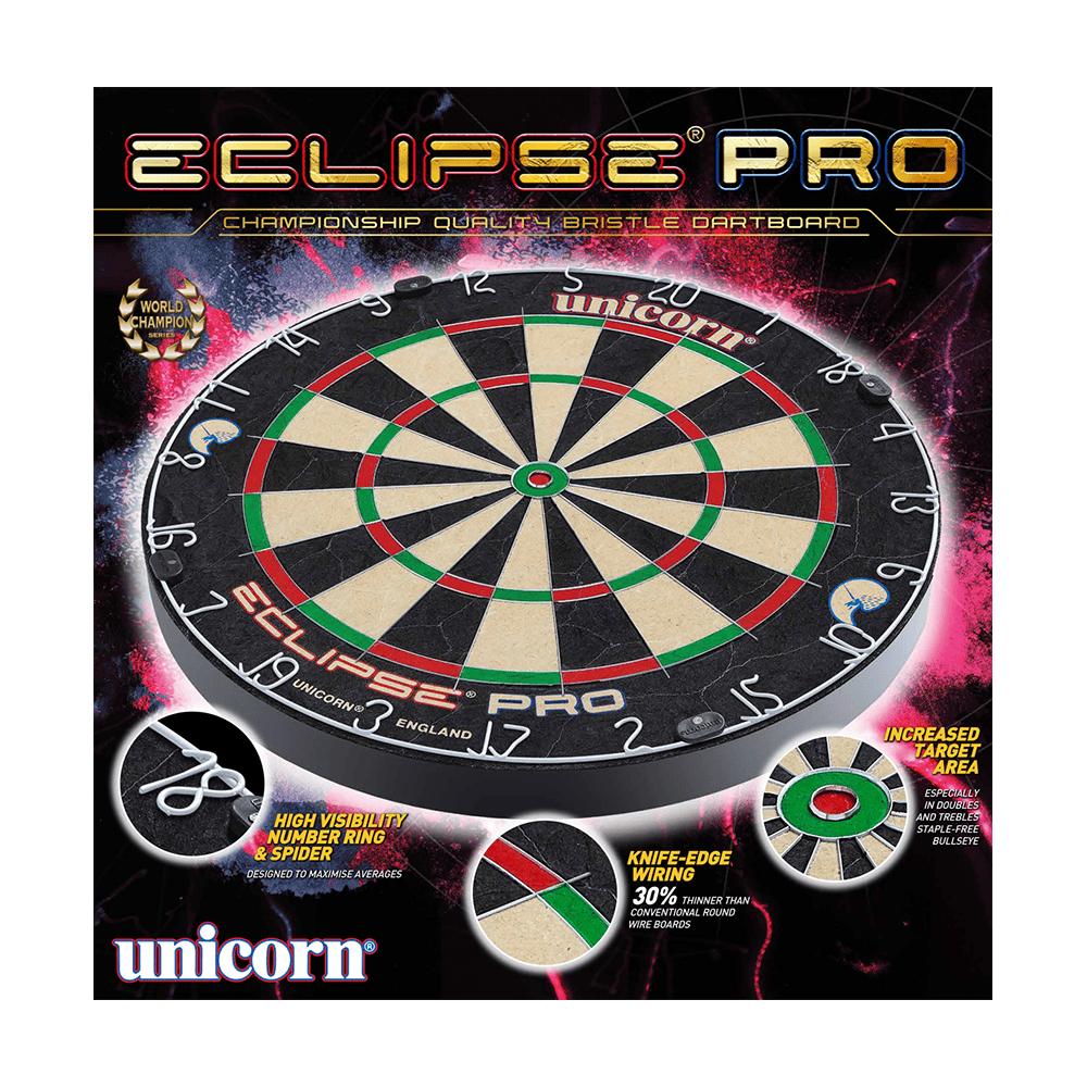 Tarcza do darta Unicorn Eclipse Pro Das Bild zeigt das Produkt "Unicorn Eclipse Pro Dartboard". Es handelt sich um eine professionelle Dartscheibe mit erhöhter Zielgenauigkeit und spezieller Draht-Technologie.