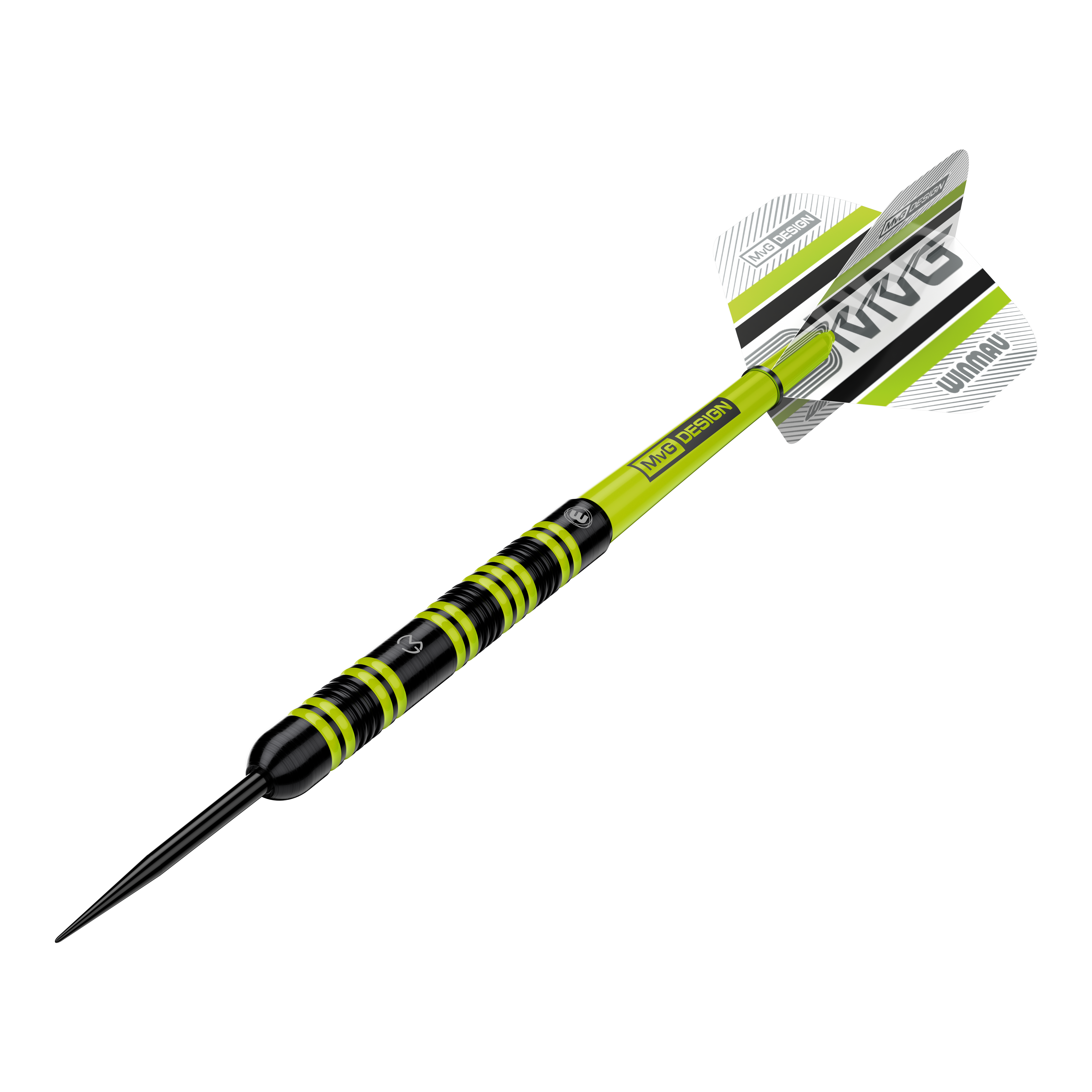 Stalowe rzutki Winmau Michael Van Gerwen 85 Pro-Series Das Bild zeigt einen Winmau Michael Van Gerwen 85 Pro-Series Steeldart. Der Dart hat ein auffälliges Design mit schwarzen und leuchtend grünen Akzenten sowie einem MVG-Logo auf den Flights.