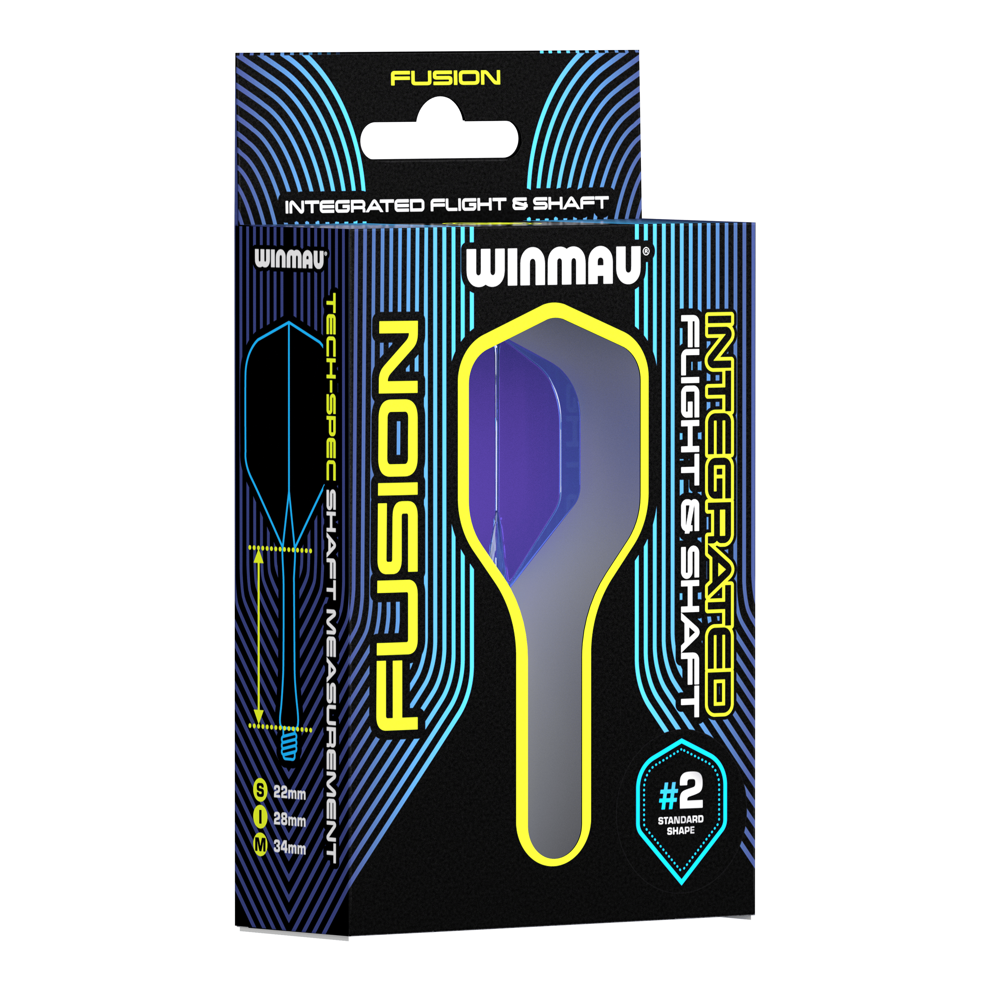 System wałów lotniczych Winmau Fusion Standard Blue Auf dem Bild ist eine Verpackung des Winmau Fusion Integrated Flight & Shaft Systems zu sehen. Die abgebildete Variante ist blau und hat eine Länge von 22 mm (#2 Standardform).