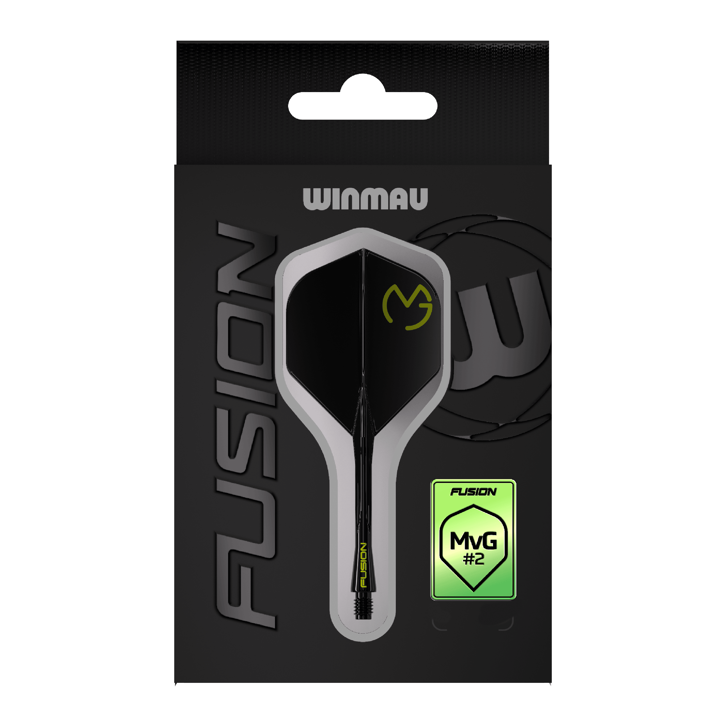 System wału napędowego Winmau Fusion Michael Van Gerwen Pacman No2 Standard Das Bild zeigt die Verpackung des Winmau Fusion Flight-Shaft-Systems Michael Van Gerwen Pacman Nr. 2 Standard. Das Produkt ist schwarz mit gelben Akzenten gestaltet und trägt das MVG-Logo.
