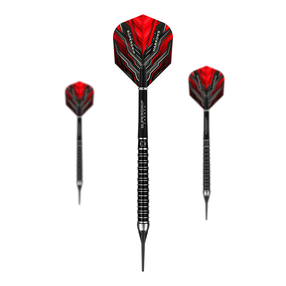 Lotki Harrows Supergrip Ultra miękkie Das Bild zeigt drei Harrows Supergrip Ultra Softdarts mit roten Flights und schwarzem Schaft. Die Darts haben ein modernes, sportliches Design mit silbernen Ringen am Griff.