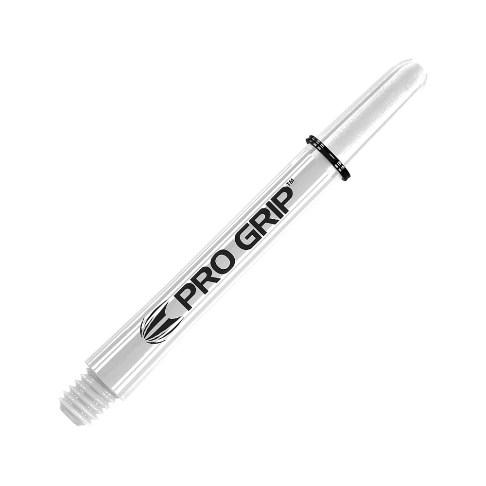 Uchwyty Target Pro Grip - 3 zestawy - białe Dies ist ein weißer Pro Grip Dart-Schaft mit schwarzer Beschriftung. Er hat ein schlankes Design und ist mit einem Pro Grip Logo versehen.