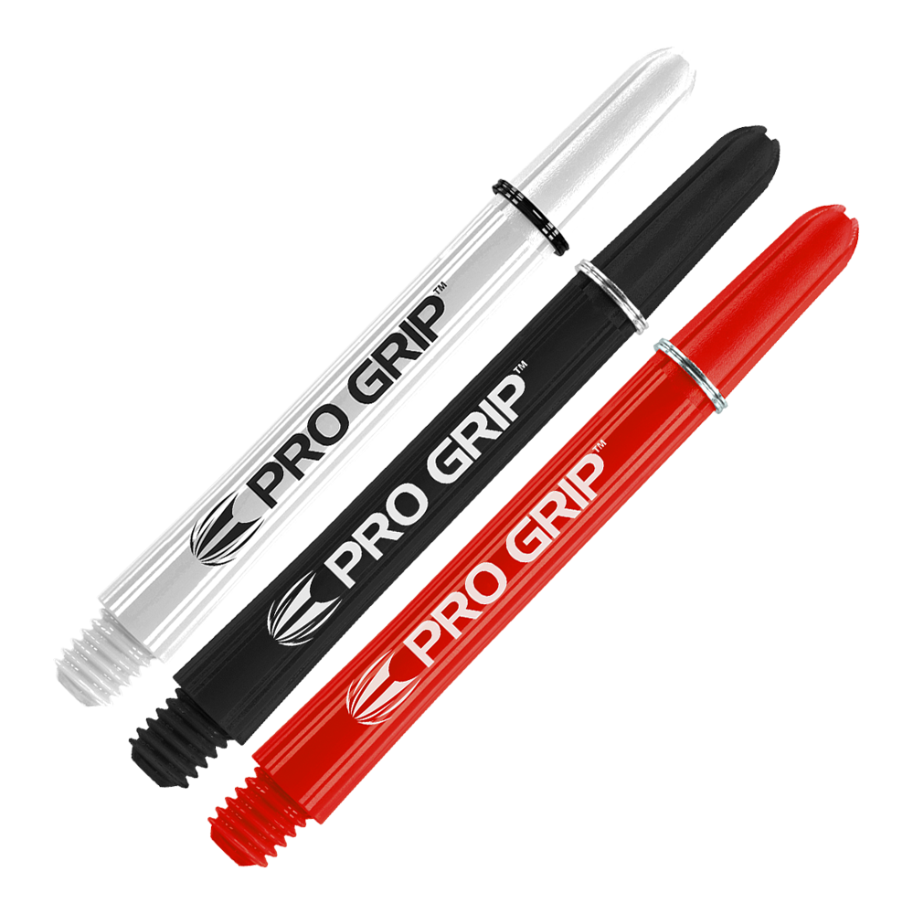 Das Bild zeigt drei Pro Grip Dartschäfte in den Farben Weiß, Schwarz und Rot. Jeder Schaft ist 48 mm lang und hat ein Schraubgewinde am Ende.