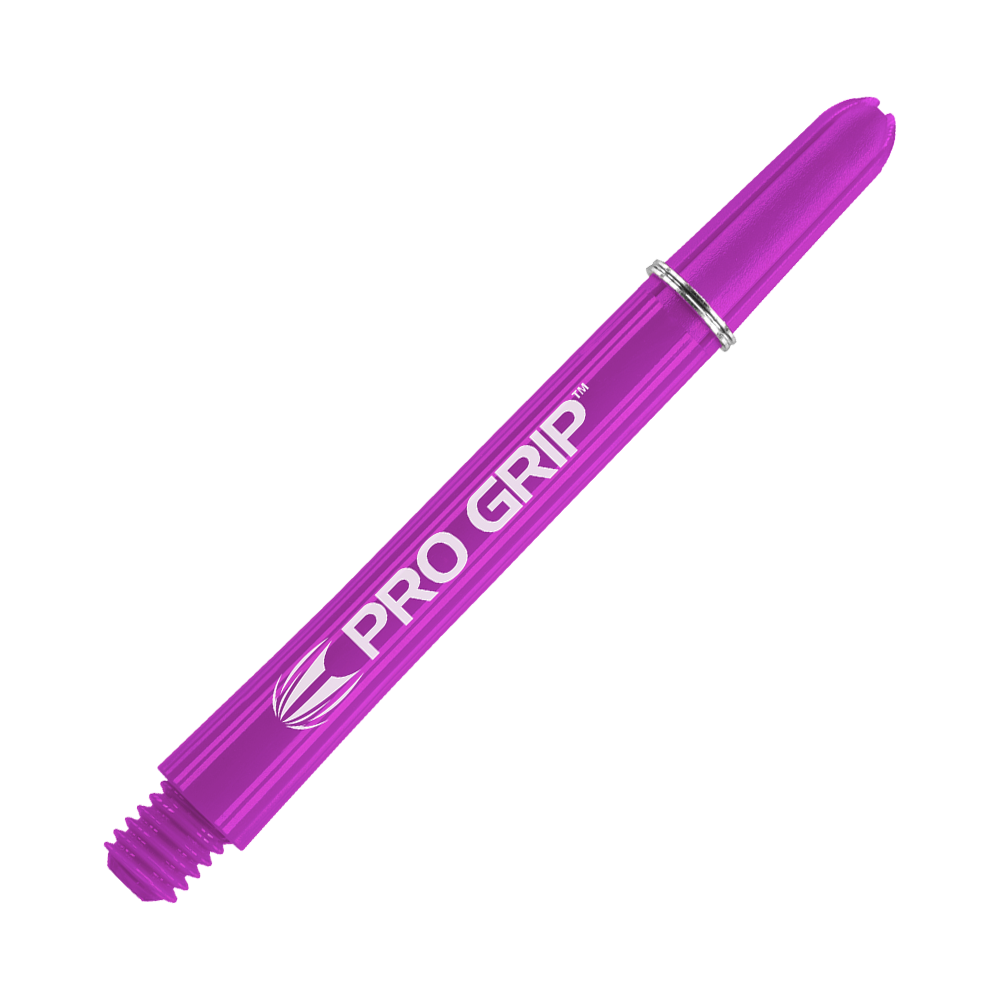 Wałki Target Pro Grip - 3 zestawy - fioletowe Das Bild zeigt einen lilafarbenen Dart-Schaft mit der Aufschrift "Pro Grip". Der Schaft ist 48 mm lang und hat ein glänzendes, glattes Design.